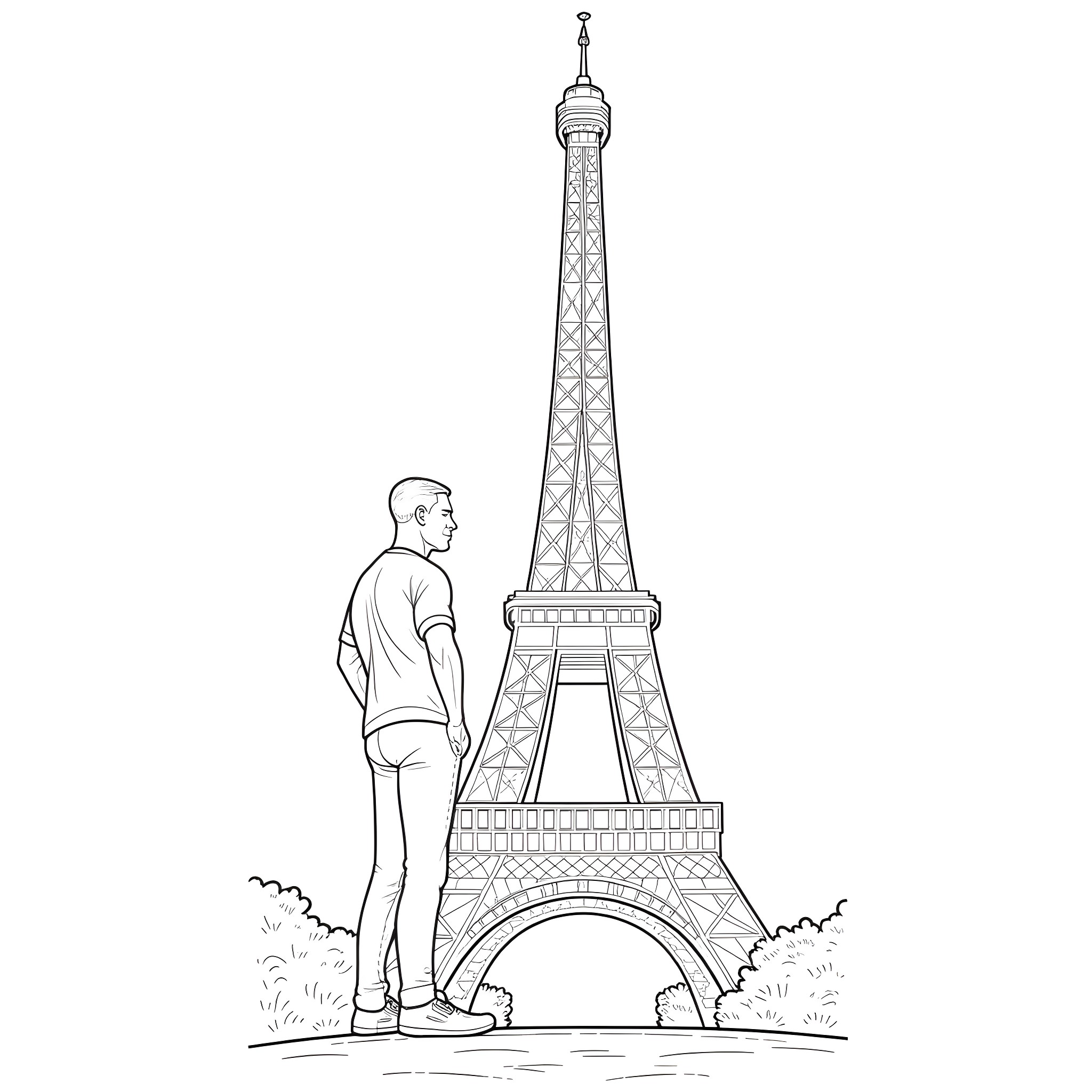 John Cena standing tall beside the Eiffel Tower Coloring Page (free black-and-white line drawing printable PDF for all, from beginners to advanced learners, including children, teens, adults, and seniors)