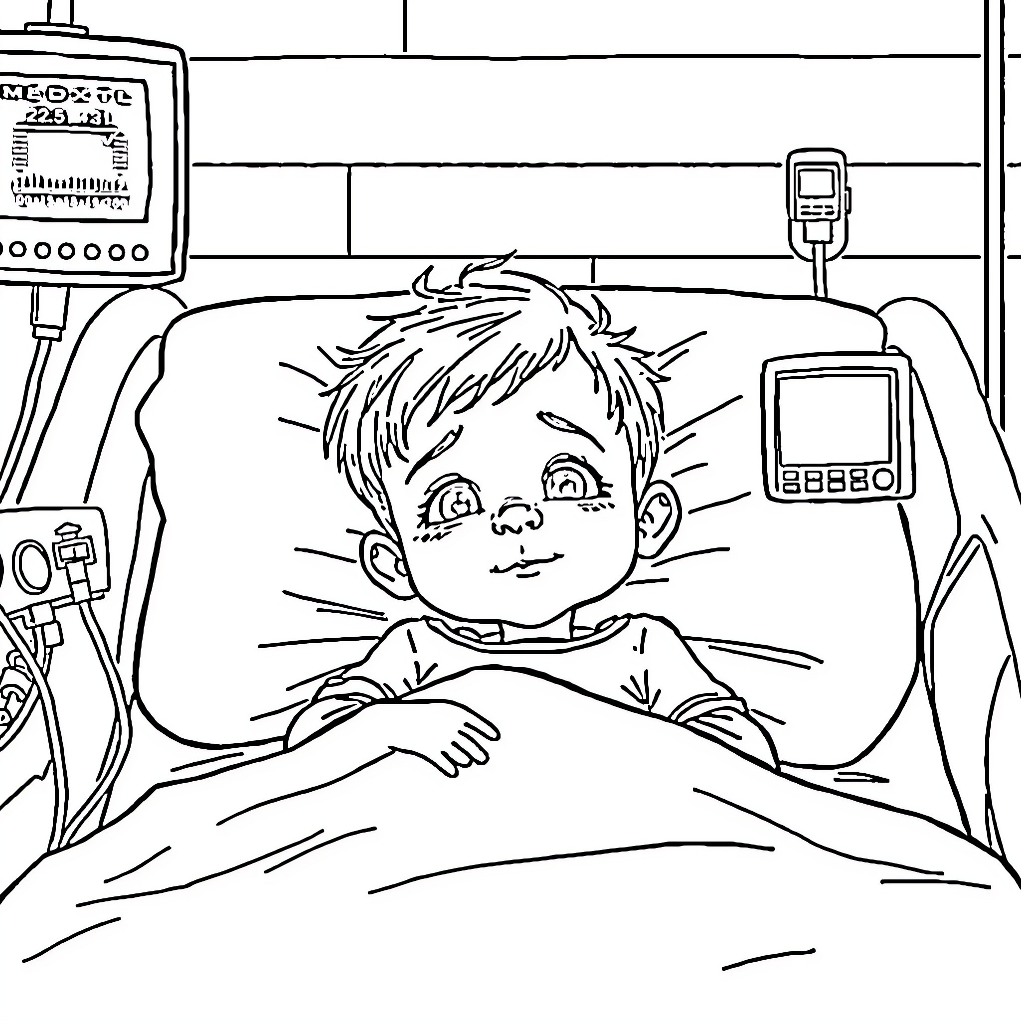 Child resting in hospital bed with medical equipment Coloring Page (free black-and-white line drawing printable PDF for all, from beginners to advanced learners, including children, teens, adults, and seniors)