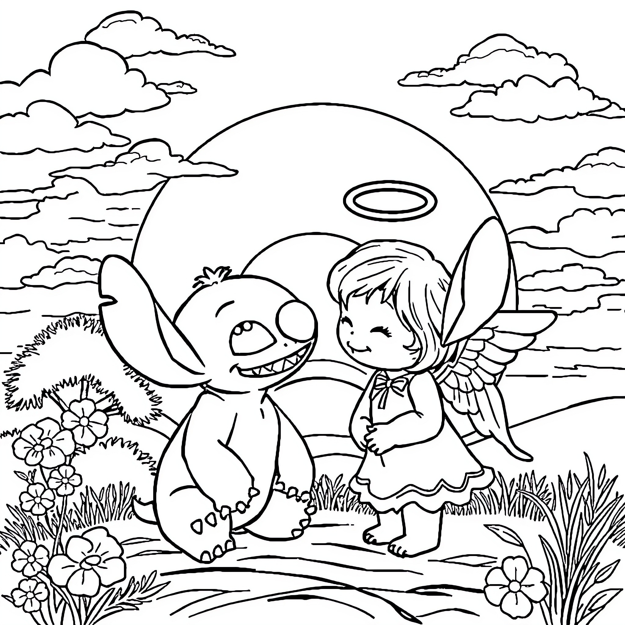 Stitch and angel making friends in nature Coloring Page (free black-and-white line drawing printable PDF for all, from beginners to advanced learners, including children, teens, adults, and seniors)