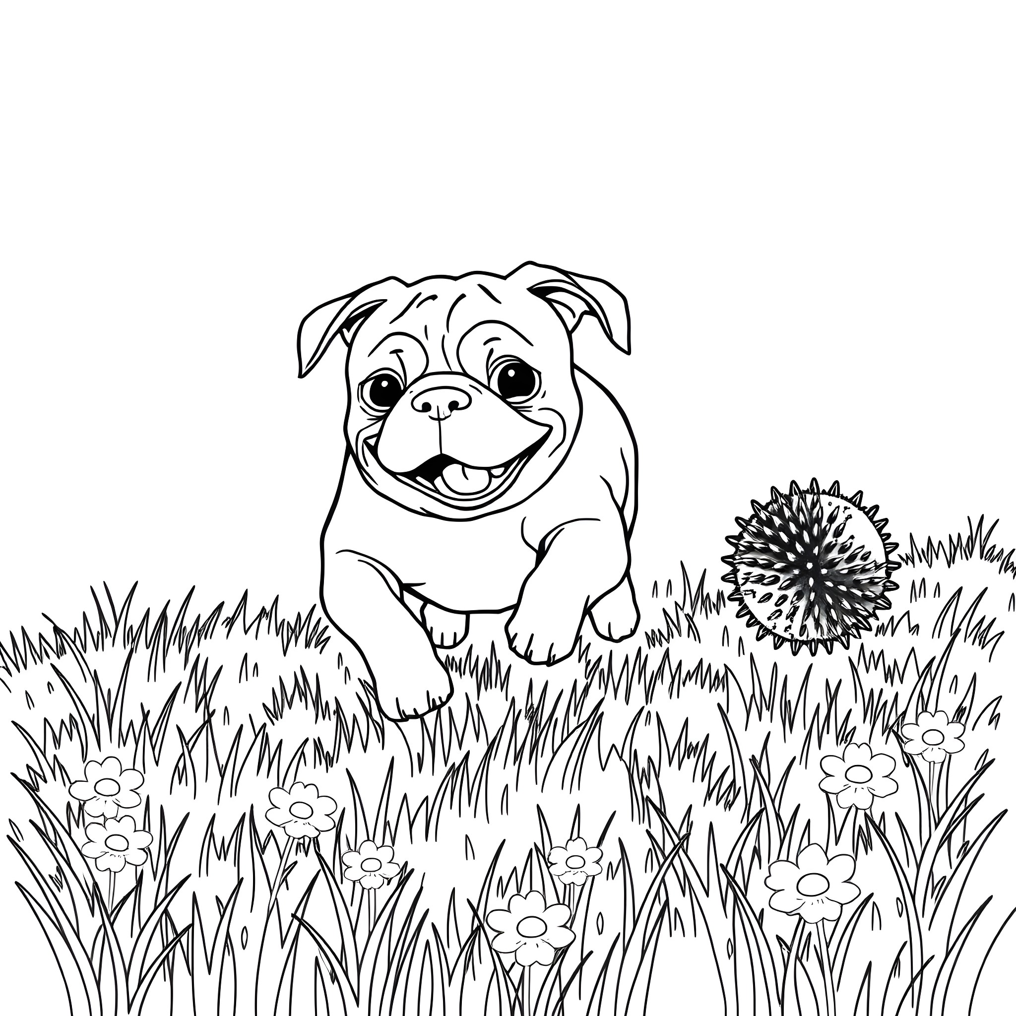 Pug playing happily in the grass Coloring Page (free black-and-white line drawing printable PDF for all, from beginners to advanced learners, including children, teens, adults, and seniors)