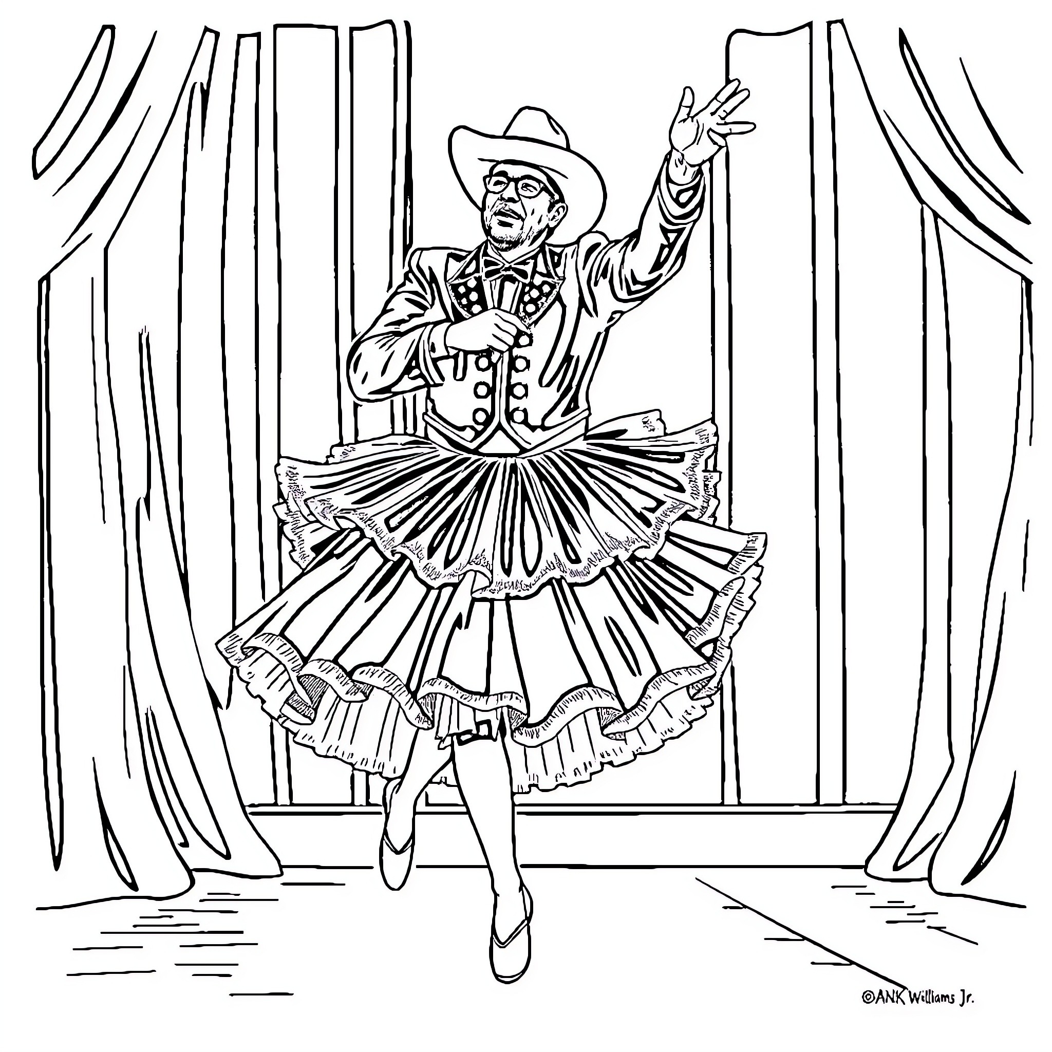 Hank Williams Jr. Performing in Flashy Cowboy Stage Outfit Coloring Page (free black-and-white line drawing printable PDF for all, from beginners to advanced learners, including children, teens, adults, and seniors)