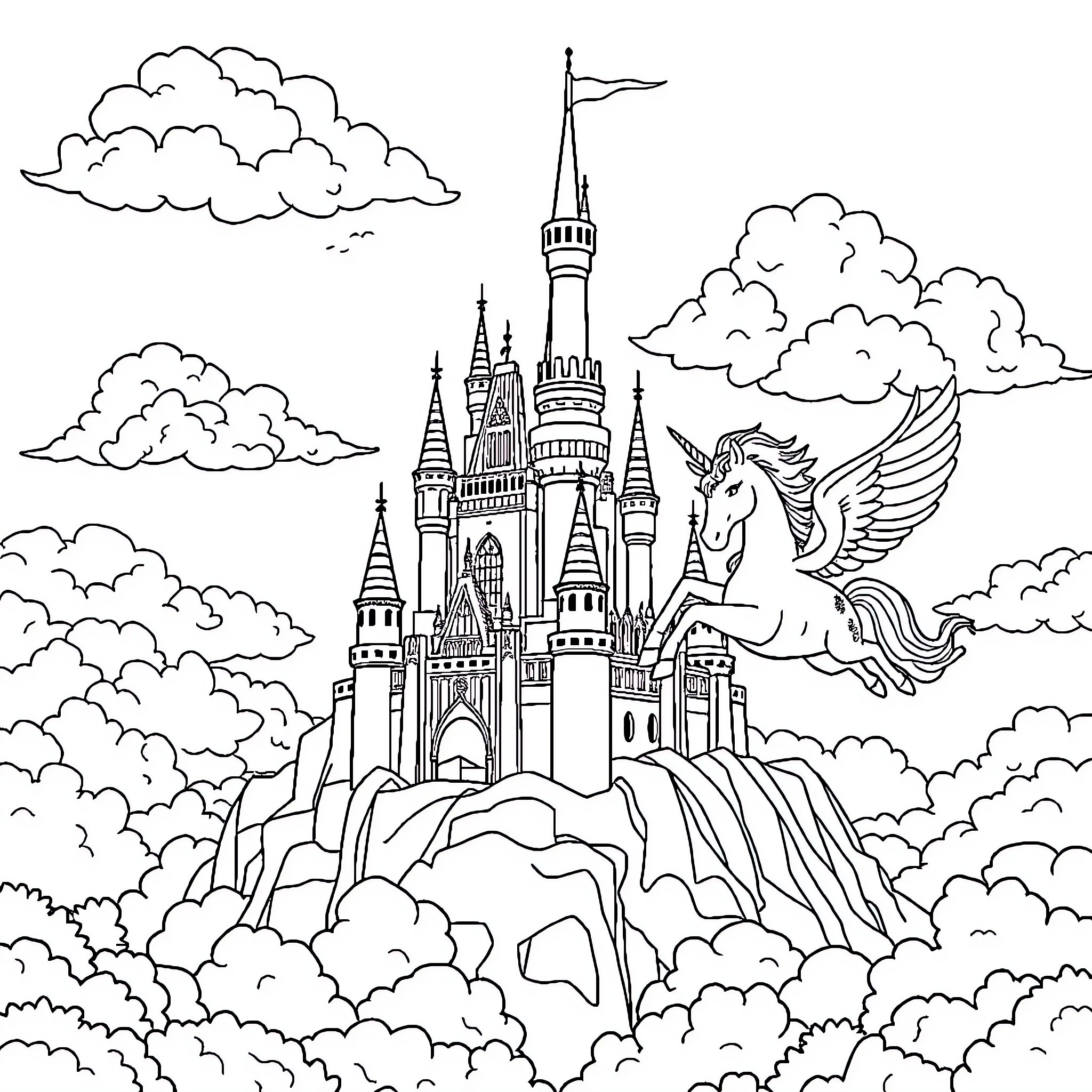 Castle with Winged Unicorn and Clouds Coloring Page (free black-and-white line drawing printable PDF for all, from beginners to advanced learners, including children, teens, adults, and seniors)