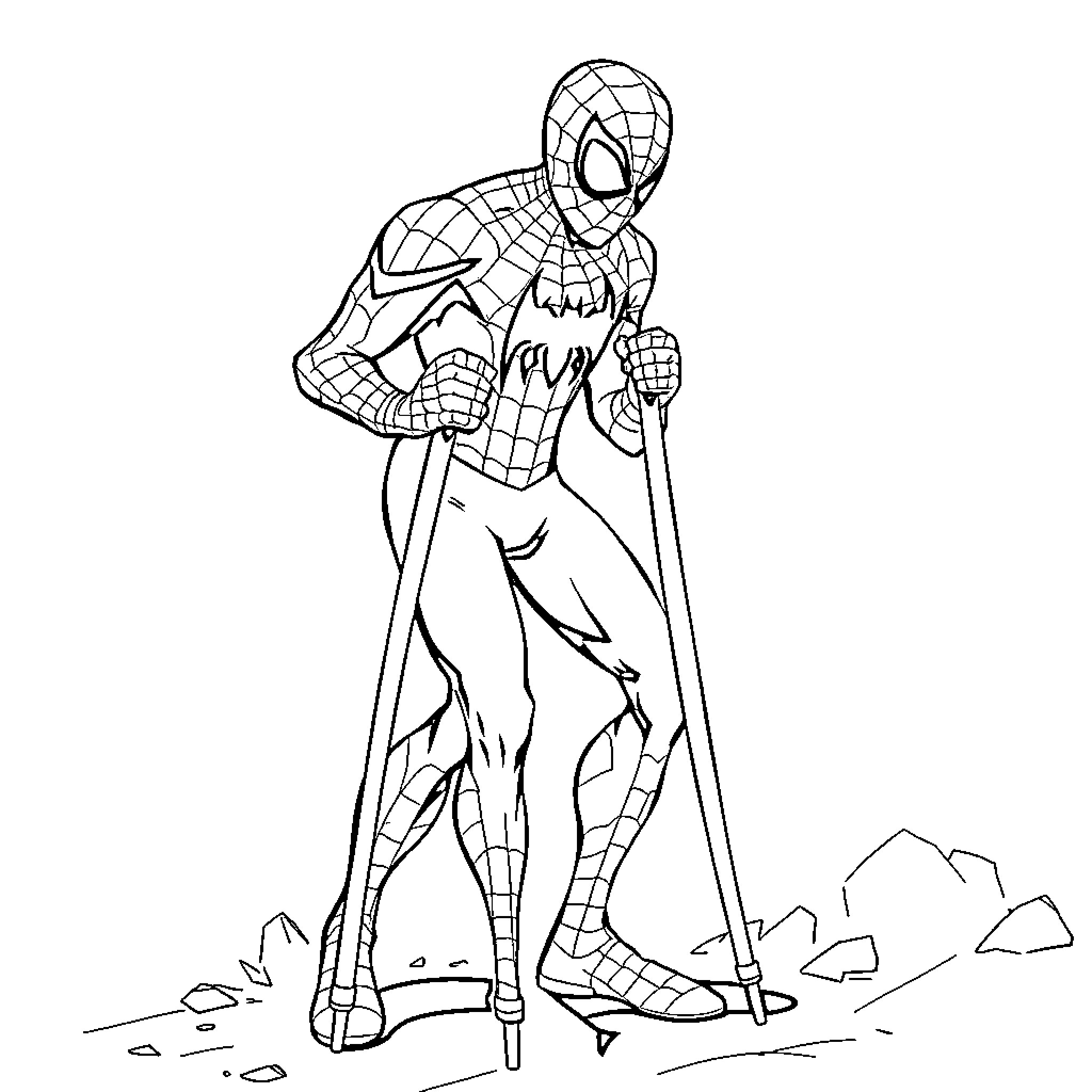 Spider-Man swinging with action stance Coloring Page (free black-and-white line drawing printable PDF for all, from beginners to advanced learners, including children, teens, adults, and seniors)