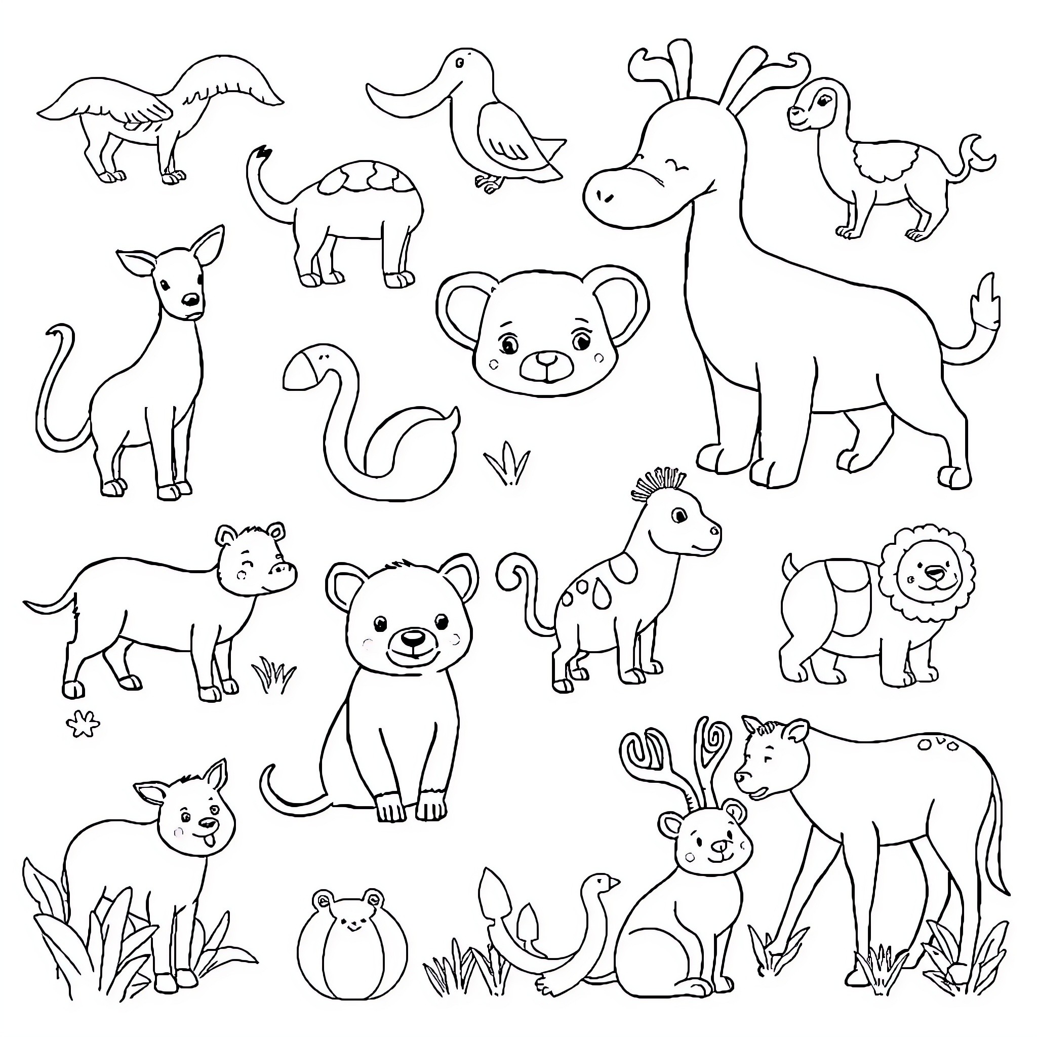 Animal characters in simple line art style Coloring Page (free black-and-white line drawing printable PDF for all, from beginners to advanced learners, including children, teens, adults, and seniors)