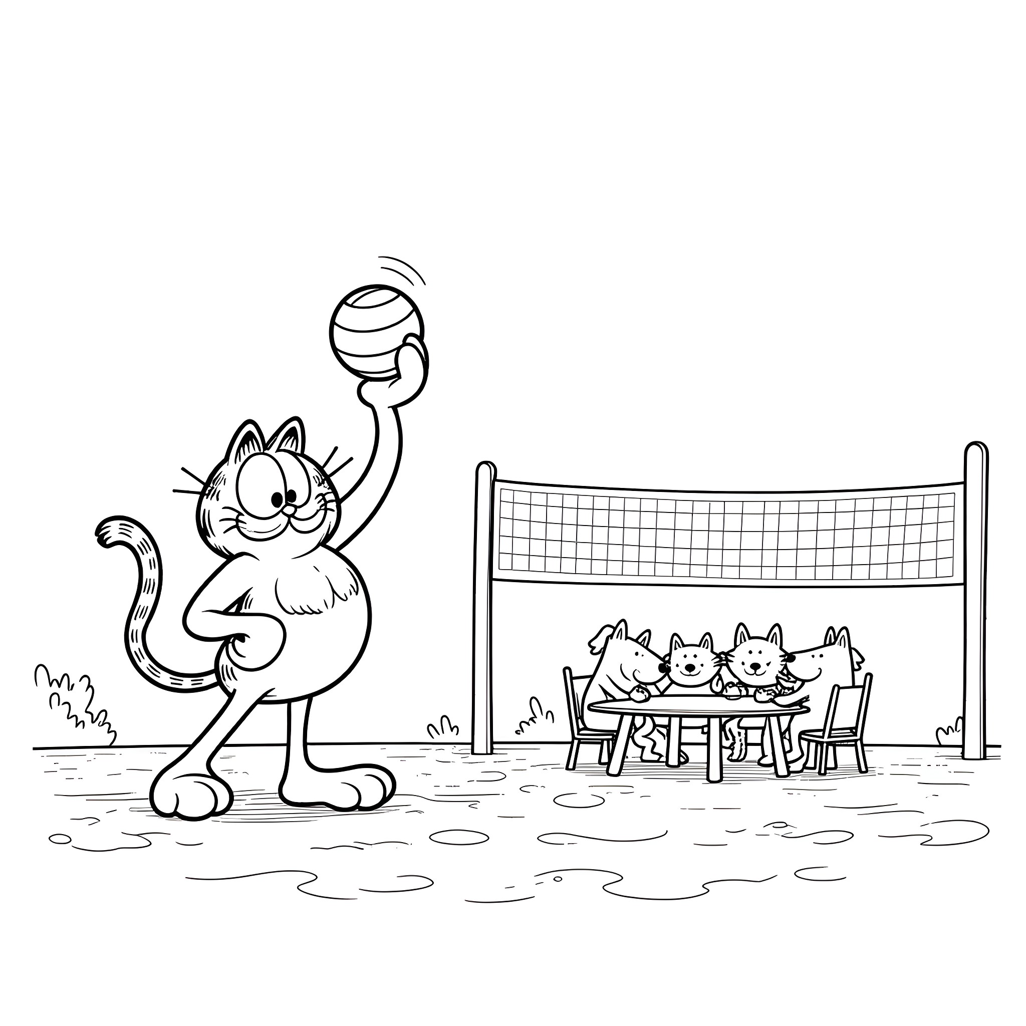 Garfield playing volleyball with cats on the court Coloring Page (free black-and-white line drawing printable PDF for all, from beginners to advanced learners, including children, teens, adults, and seniors)