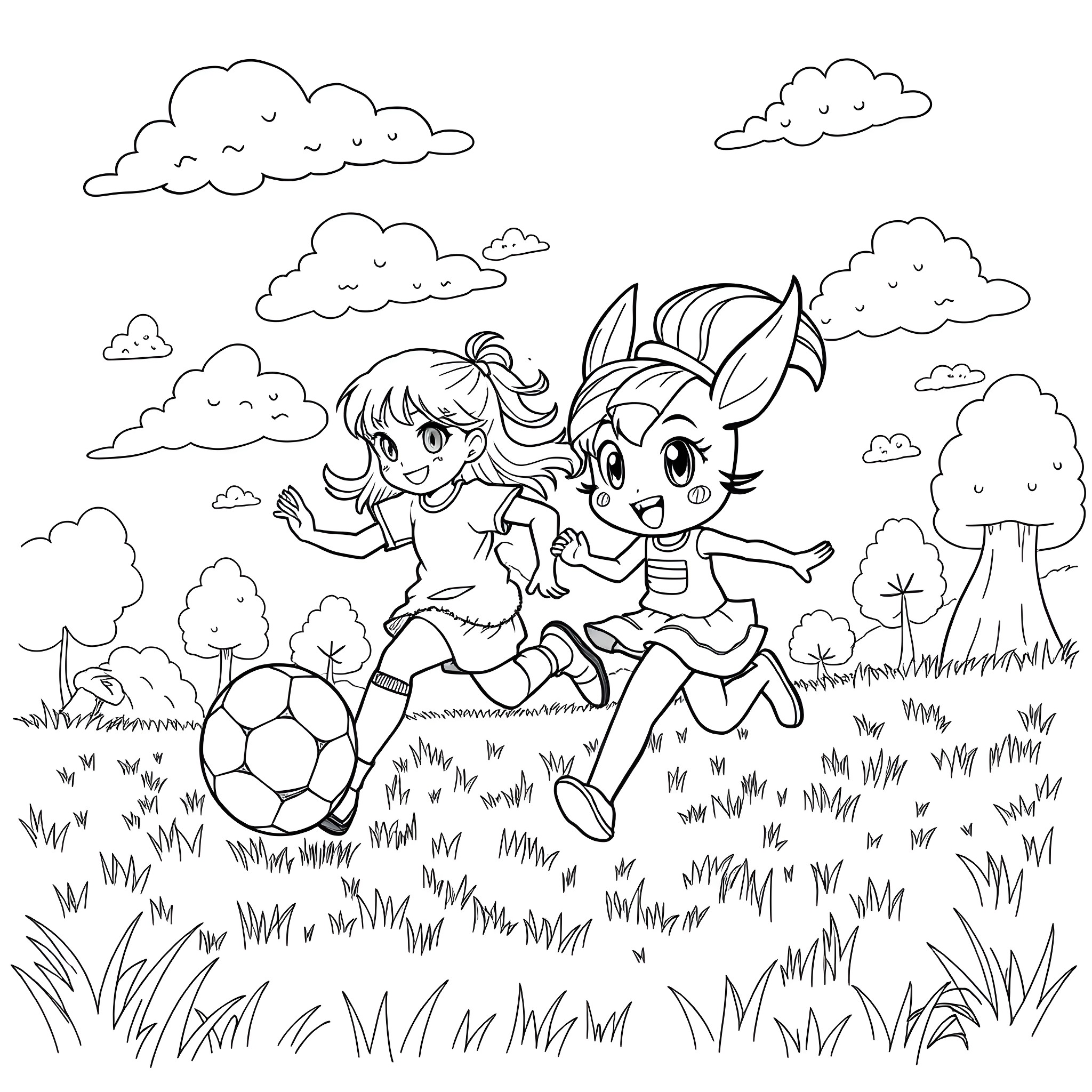 Kuromi and friends playing with a soccer ball in a field Coloring Page (free black-and-white line drawing printable PDF for all, from beginners to advanced learners, including children, teens, adults, and seniors)