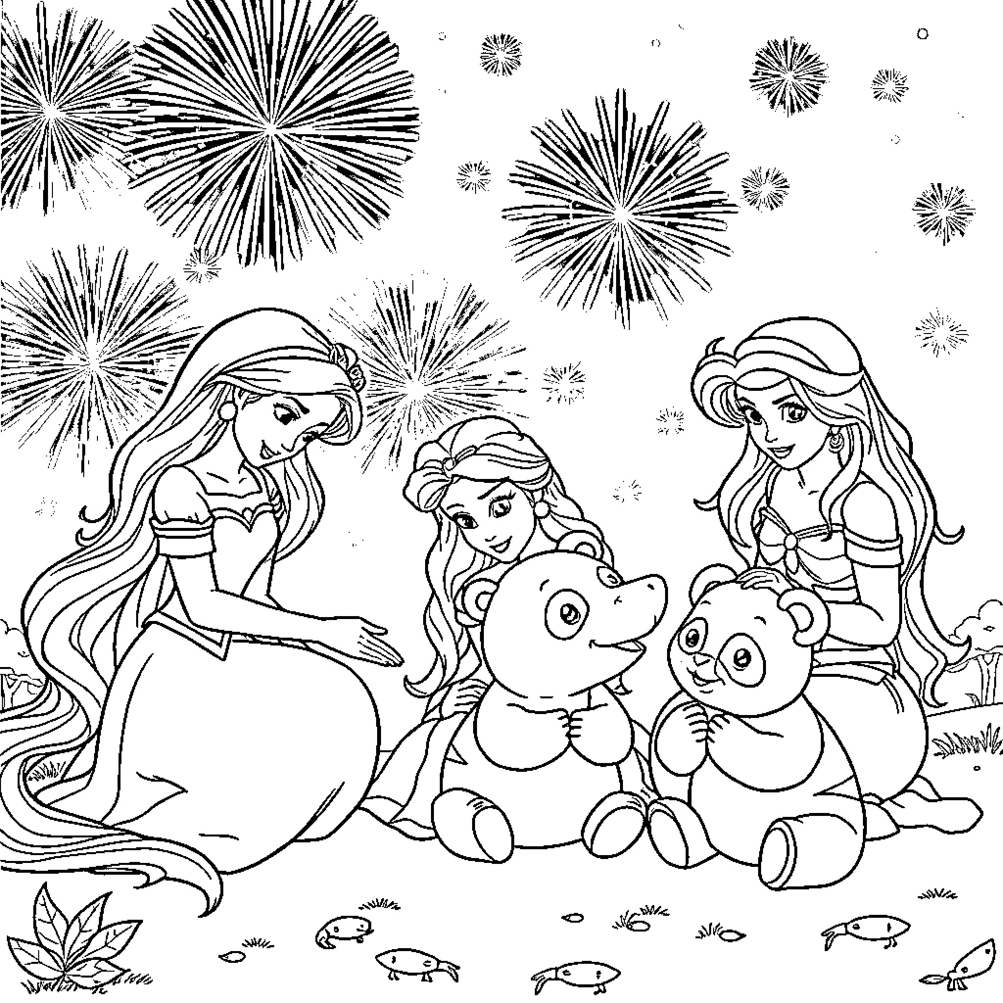 Character Celebration with Friends under Fireworks Coloring Page (free black-and-white line drawing printable PDF for all, from beginners to advanced learners, including children, teens, adults, and seniors)