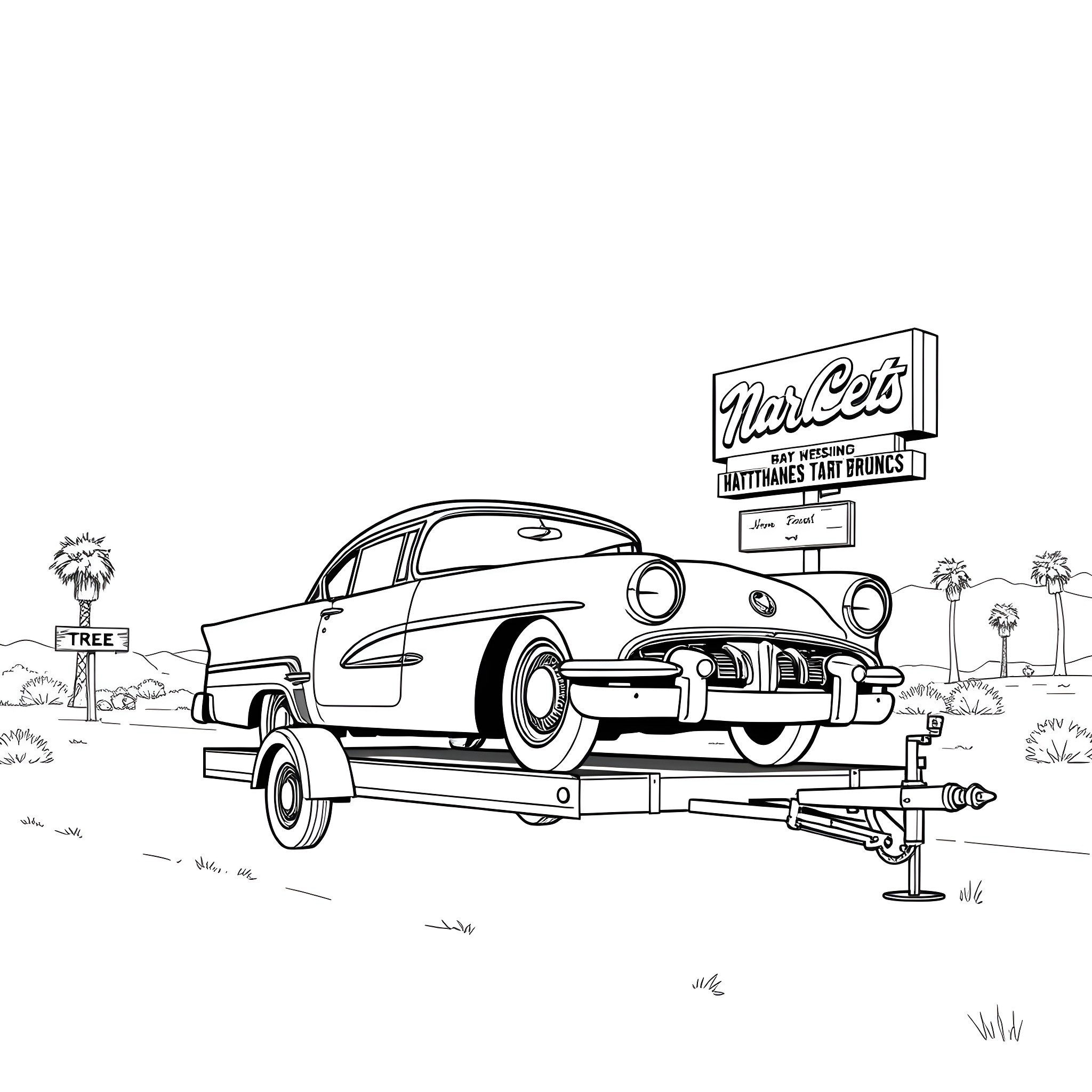 Car on tow truck at auto repair shop Coloring Page (free black-and-white line drawing printable PDF for all, from beginners to advanced learners, including children, teens, adults, and seniors)