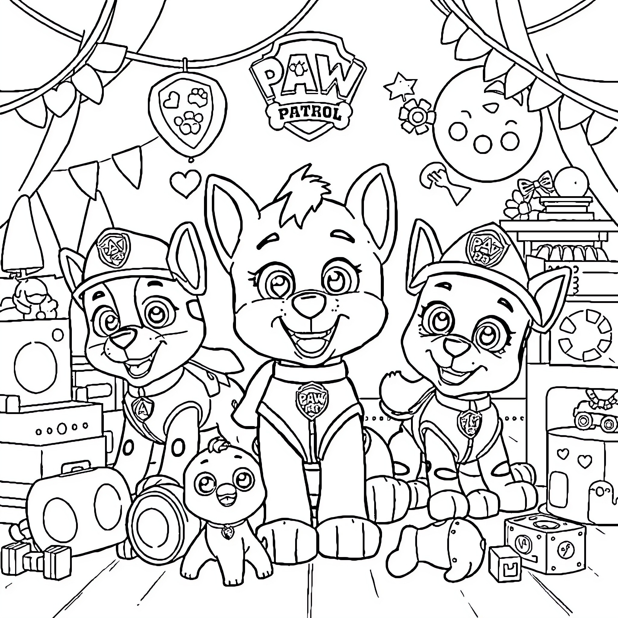 Pat Patrouille - Pups on a Fun-Filled Adventure Coloring Page (free black-and-white line drawing printable PDF for all, from beginners to advanced learners, including children, teens, adults, and seniors)