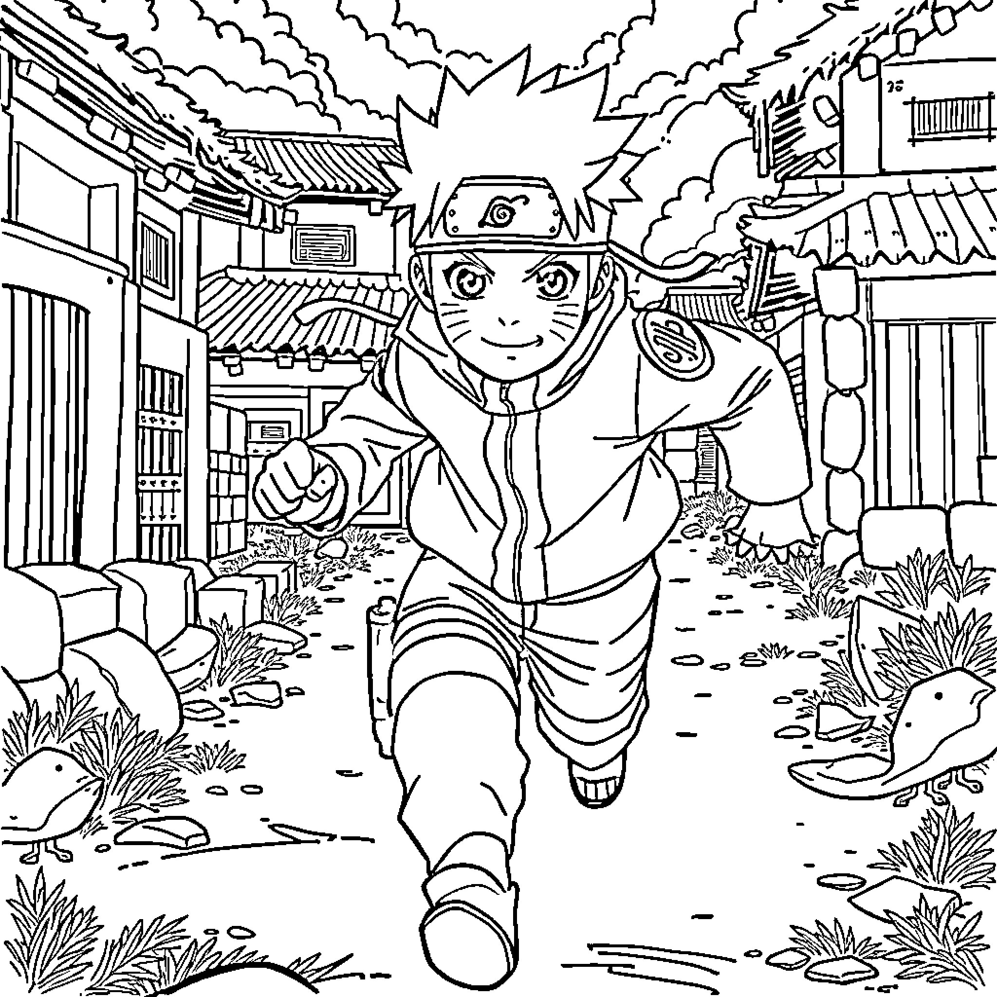 Naruto Running Through the Village Coloring Page (free black-and-white line drawing printable PDF for all, from beginners to advanced learners, including children, teens, adults, and seniors)