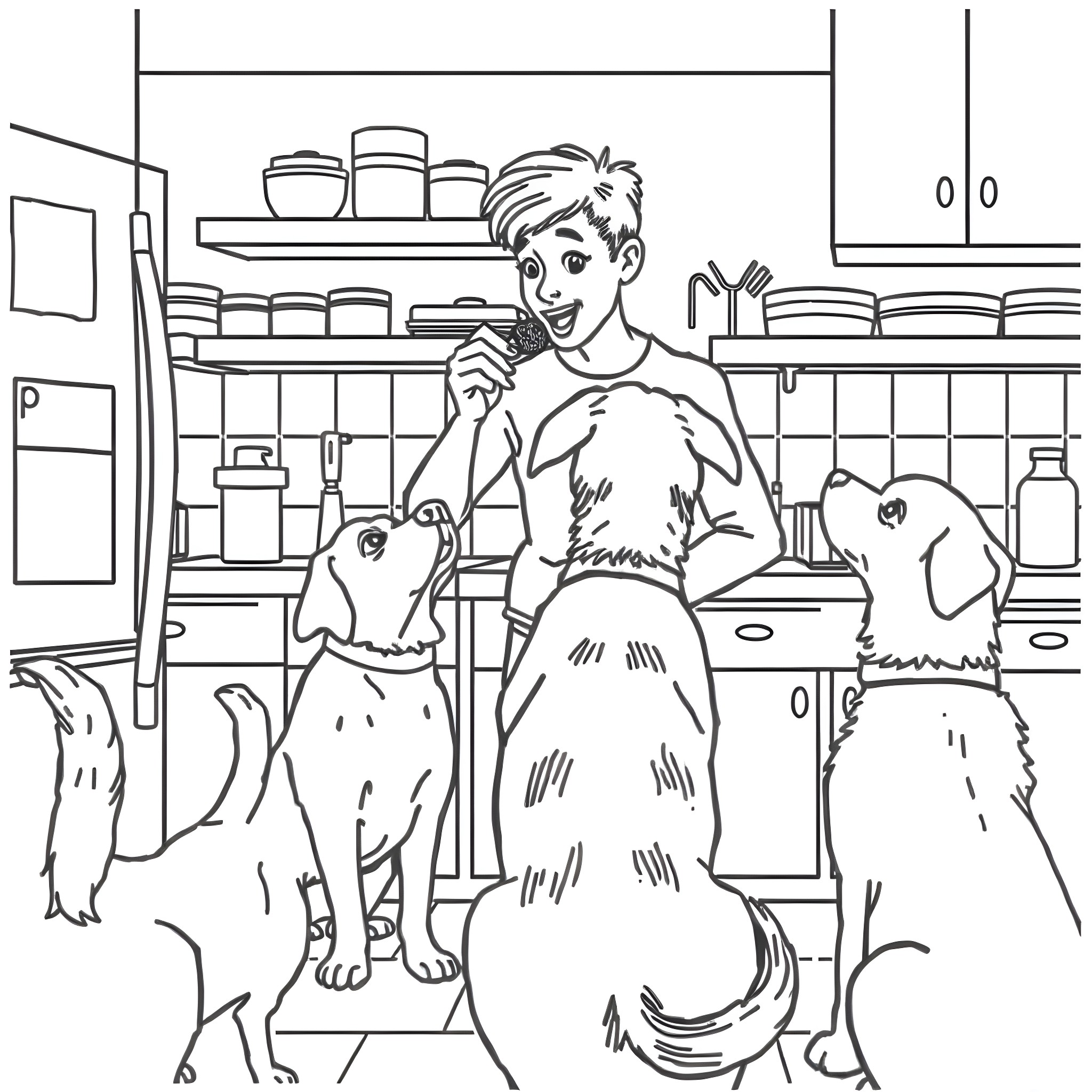 Person playing with friendly dogs in the kitchen Coloring Page (free black-and-white line drawing printable PDF for all, from beginners to advanced learners, including children, teens, adults, and seniors)