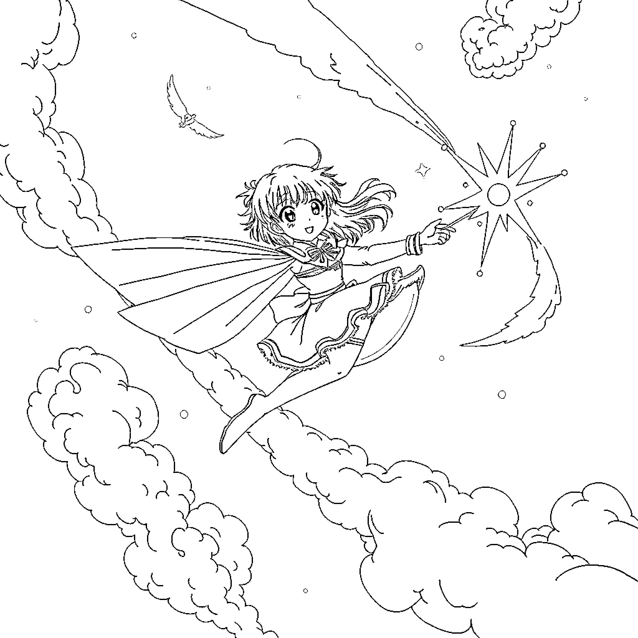 Cardcaptor Sakura flying amidst clouds and stars Coloring Page (free black-and-white line drawing printable PDF for all, from beginners to advanced learners, including children, teens, adults, and seniors)