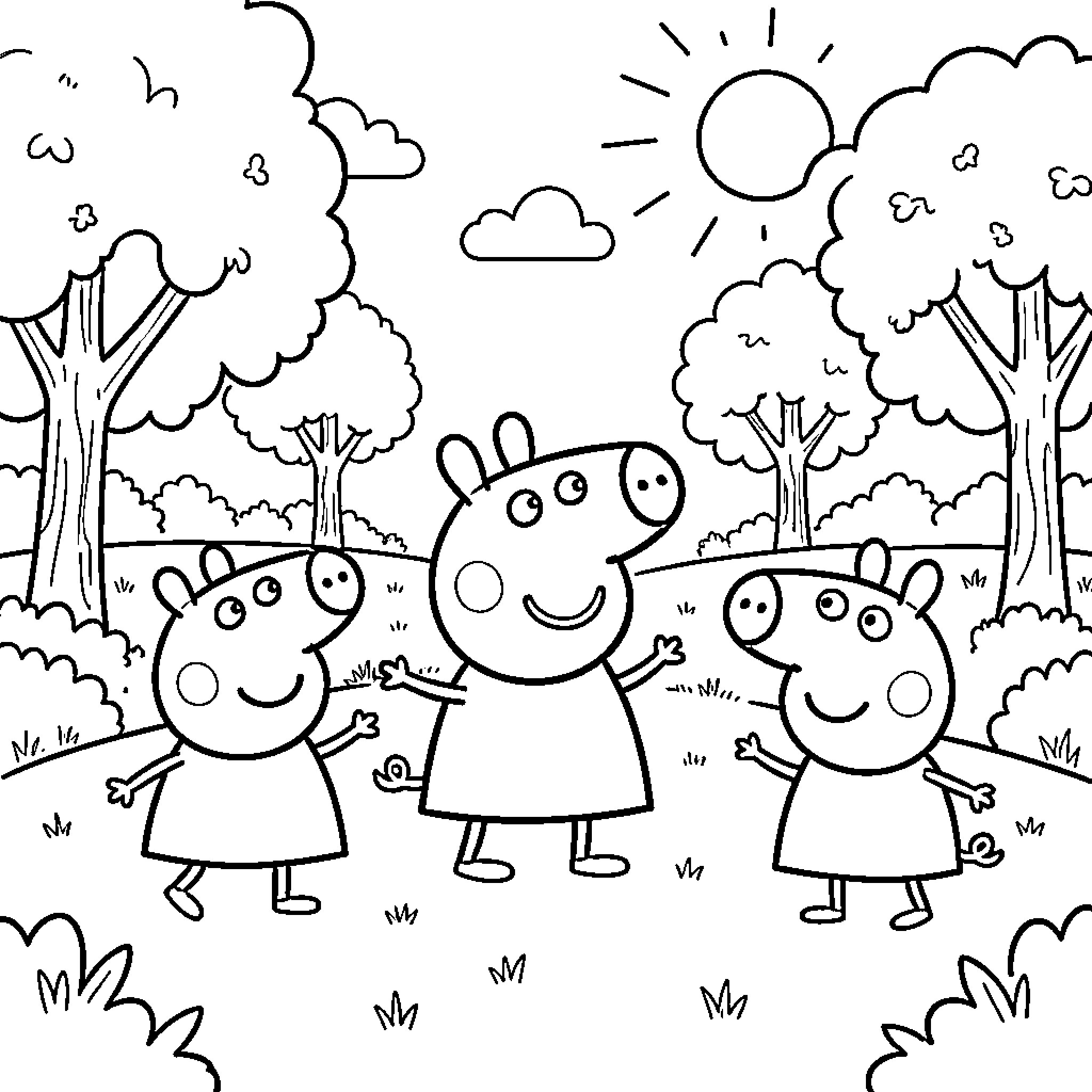 Peppa Pig and friends smiling in a sunny park Coloring Page (free black-and-white line drawing printable PDF for all, from beginners to advanced learners, including children, teens, adults, and seniors)
