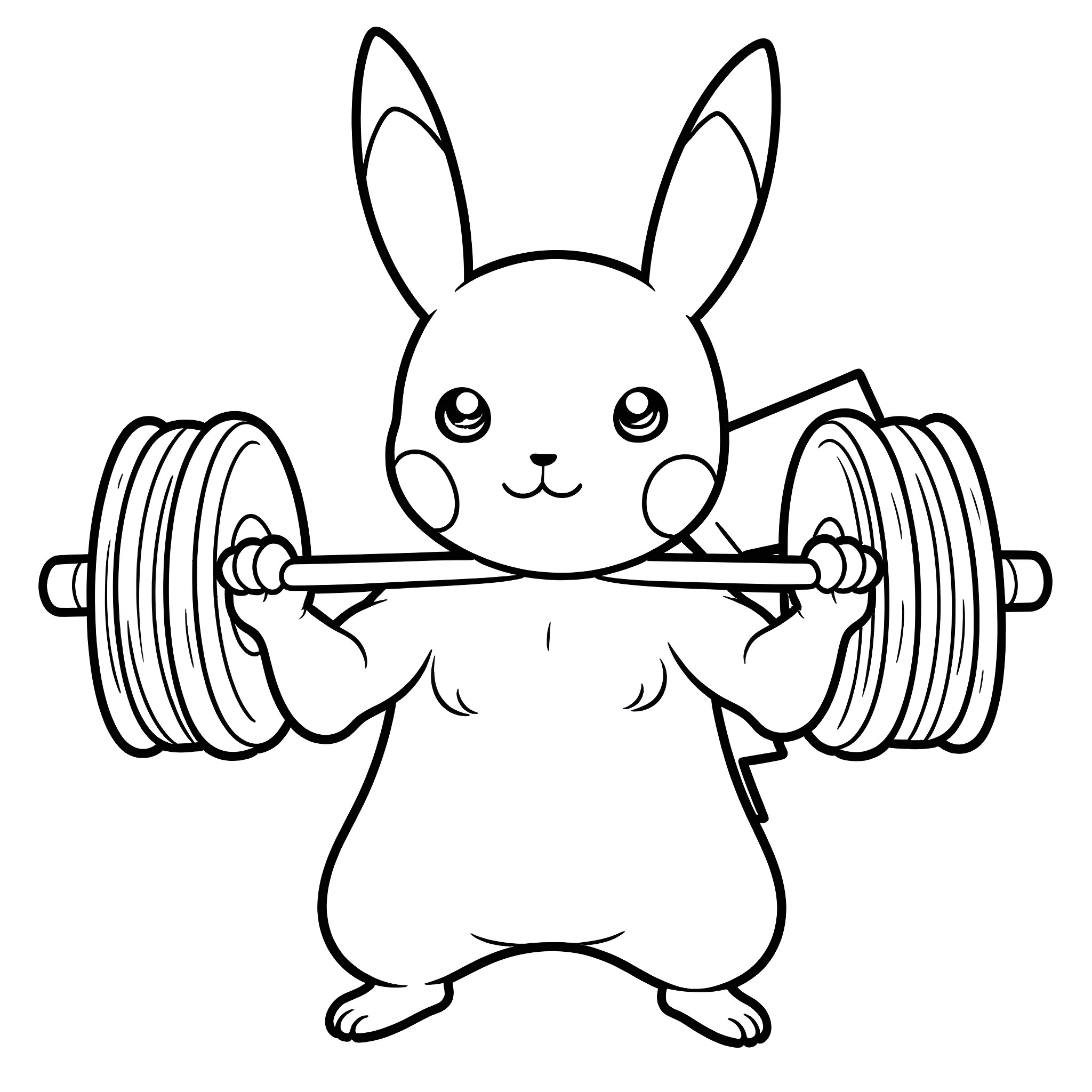 Pikachu lifting heavy weights Coloring Page (free black-and-white line drawing printable PDF for all, from beginners to advanced learners, including children, teens, adults, and seniors)