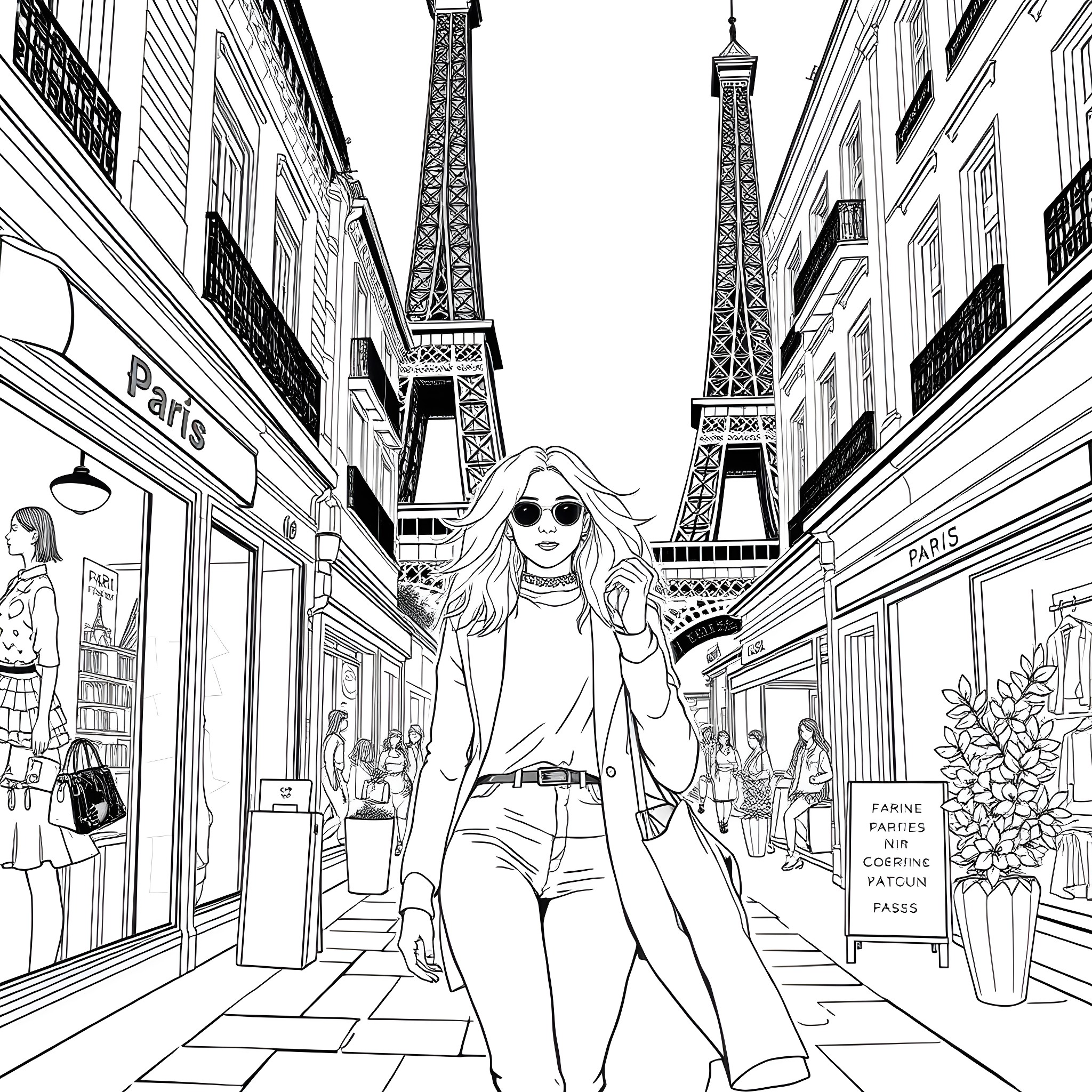 Gyaru strolling through the streets of Paris Coloring Page (free black-and-white line drawing printable PDF for all, from beginners to advanced learners, including children, teens, adults, and seniors)