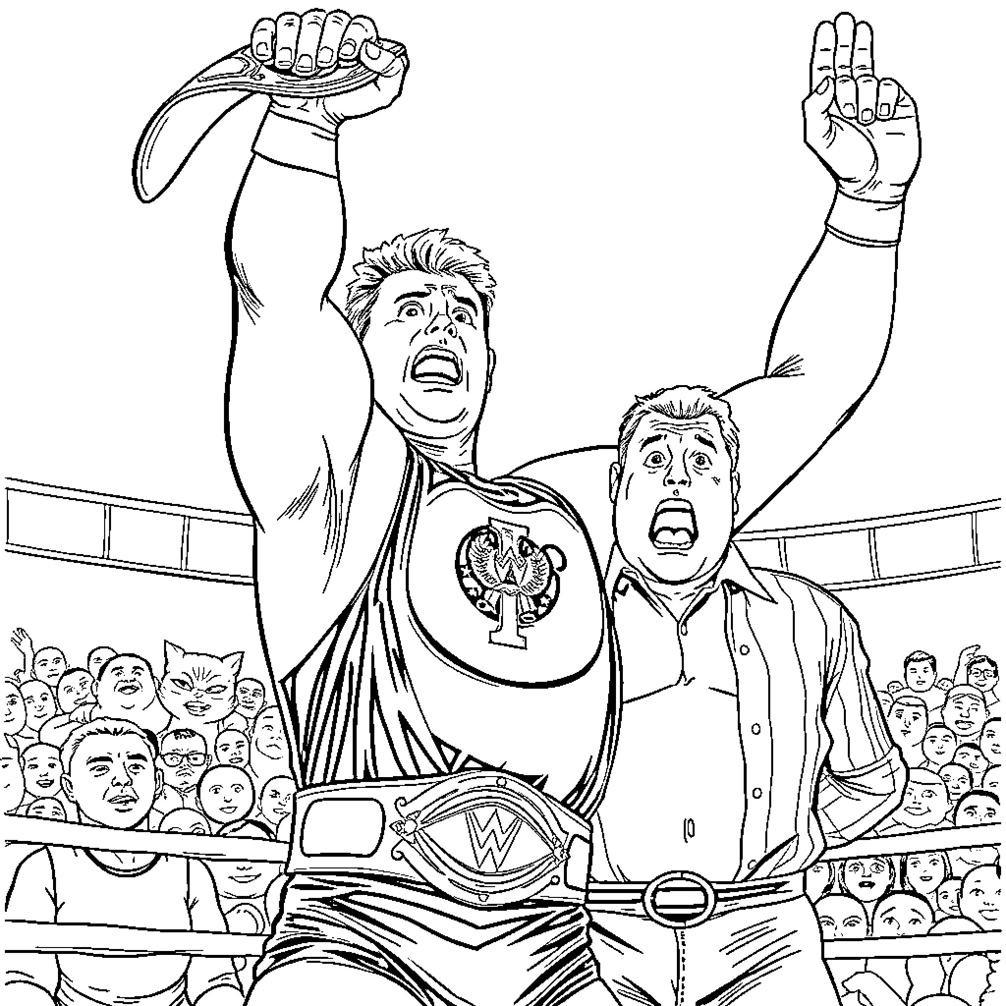 Greg Valentine confronting a challenger in a wrestling match Coloring Page (free black-and-white line drawing printable PDF for all, from beginners to advanced learners, including children, teens, adults, and seniors)