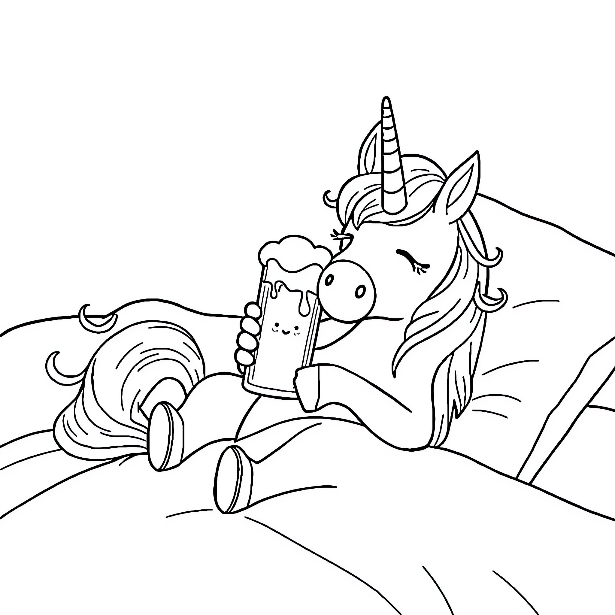 Unicorn drinking a magical potion in the meadow Coloring Page (free black-and-white line drawing printable PDF for all, from beginners to advanced learners, including children, teens, adults, and seniors)