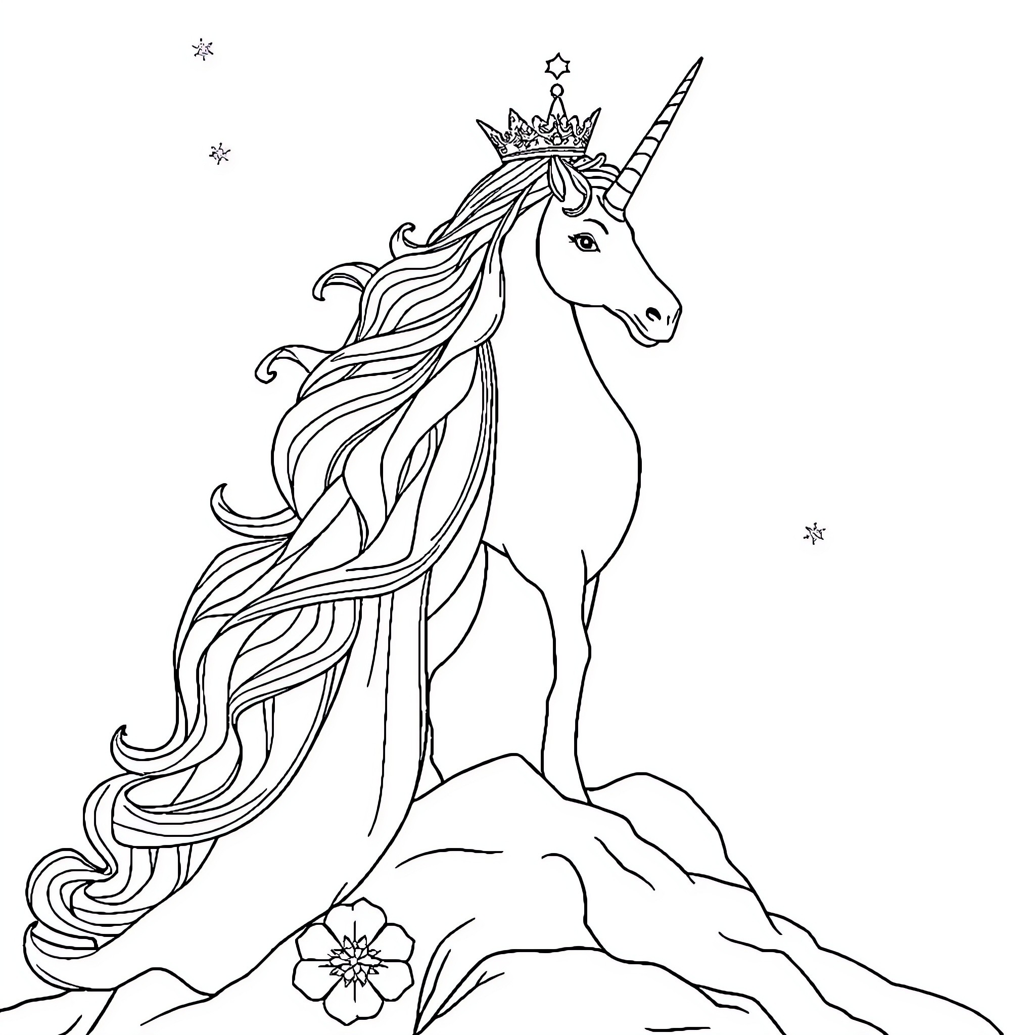 Snow Queen Unicorn in Magical Forest Coloring Page (free black-and-white line drawing printable PDF for all, from beginners to advanced learners, including children, teens, adults, and seniors)