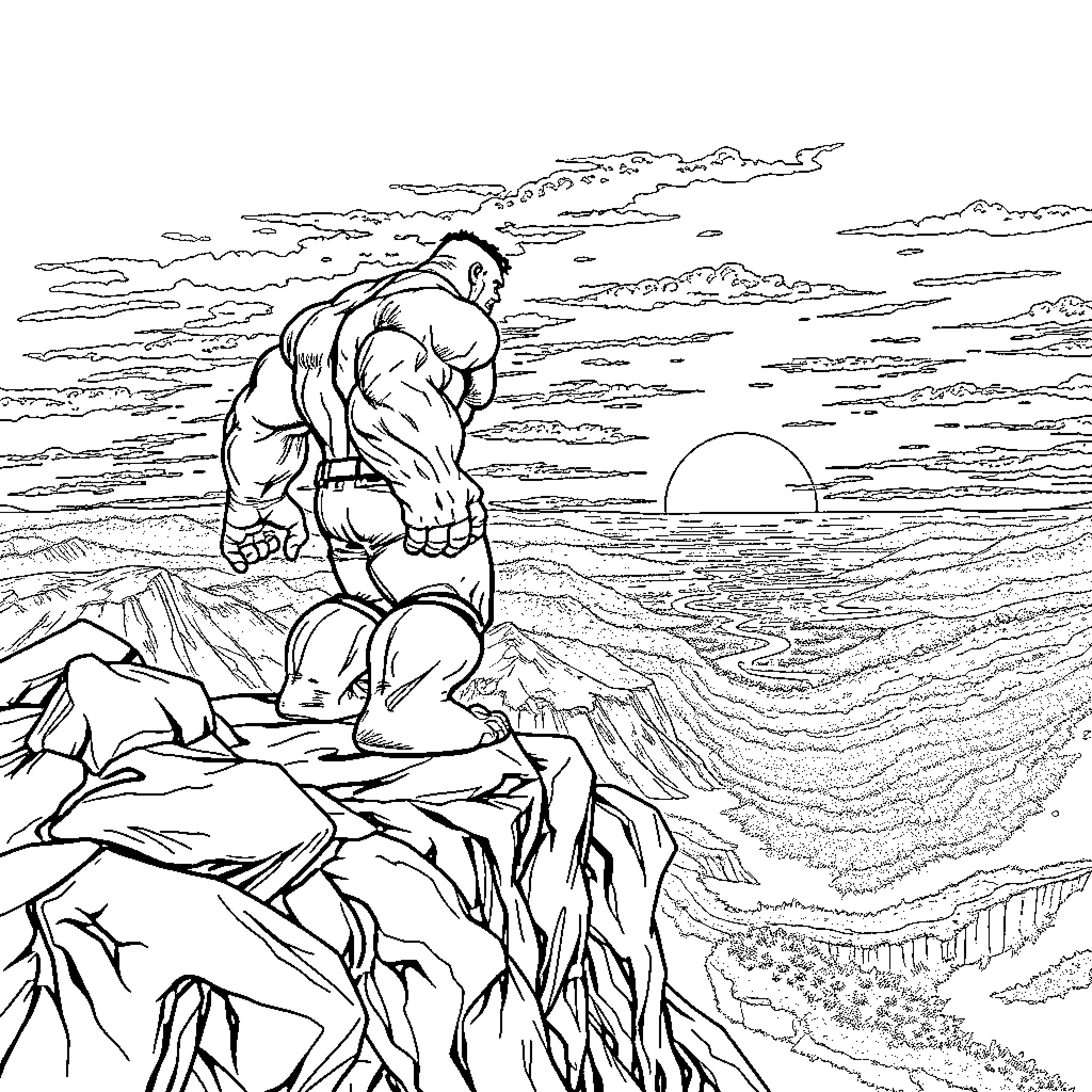 Hulk Overlooking Rugged Landscape at Sunset Coloring Page (free black-and-white line drawing printable PDF for all, from beginners to advanced learners, including children, teens, adults, and seniors)