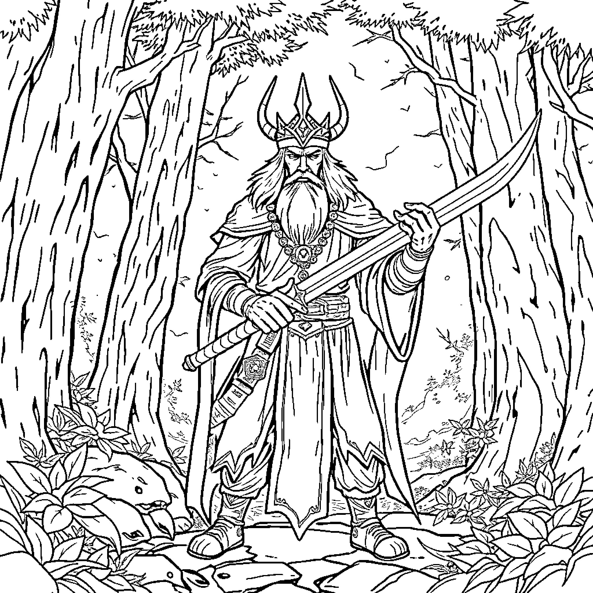 Shaman King in Mystical Forest Wielding Sword Coloring Page (free black-and-white line drawing printable PDF for all, from beginners to advanced learners, including children, teens, adults, and seniors)