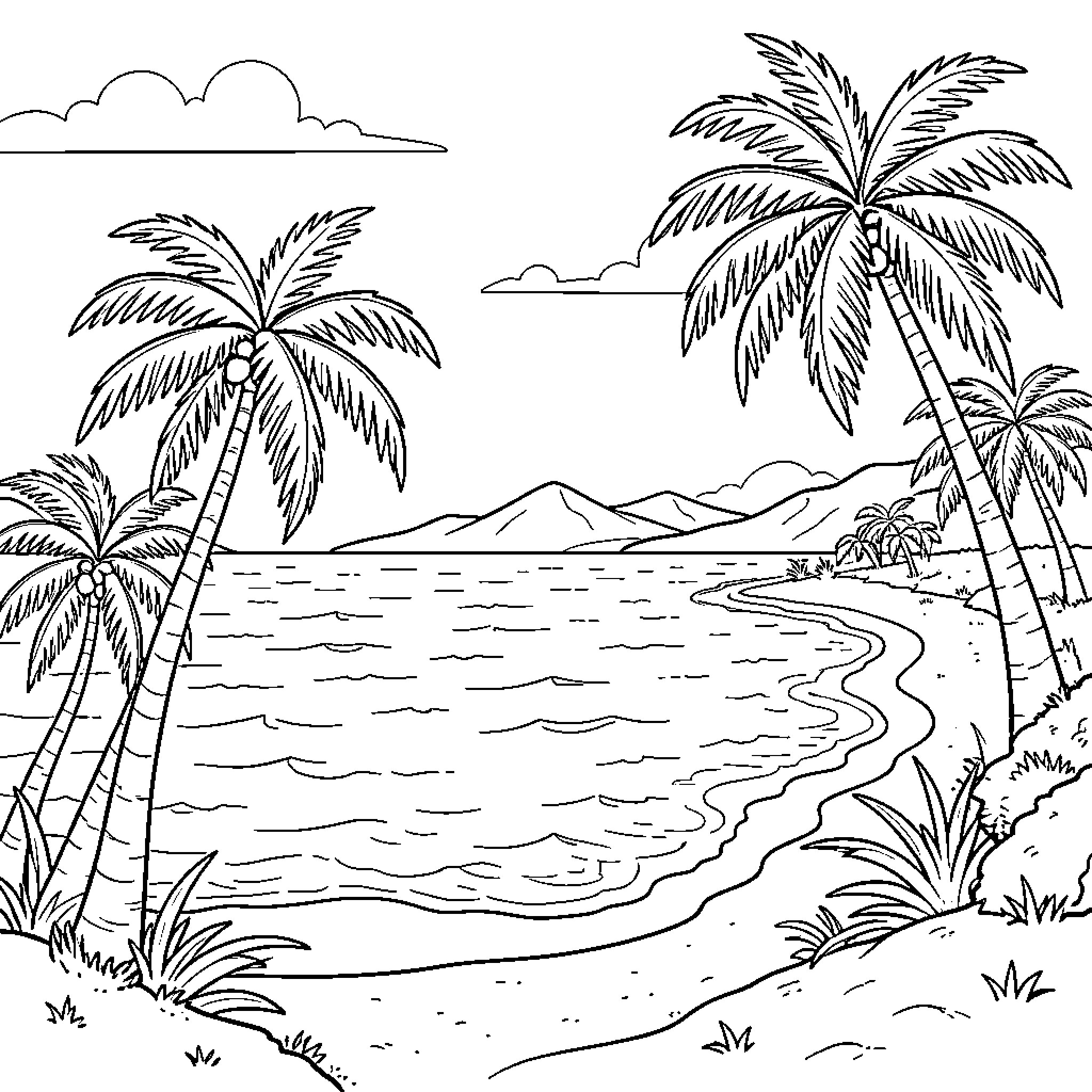 Tahiti tropical beach landscape with palm trees and waves Coloring Page (free black-and-white line drawing printable PDF for all, from beginners to advanced learners, including children, teens, adults, and seniors)