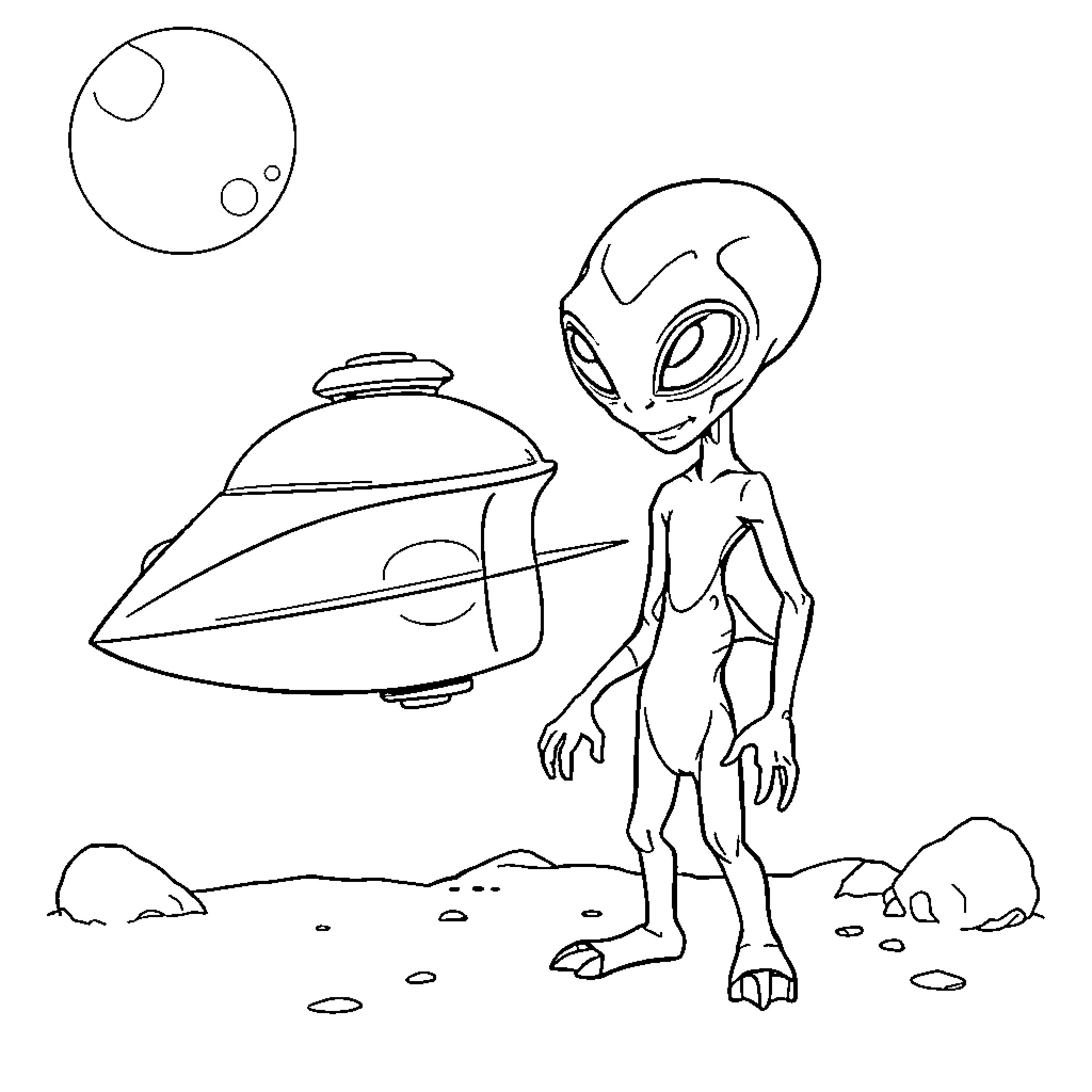 Alien Exploring Uncharted Territory with Spacecraft Coloring Page (free black-and-white line drawing printable PDF for all, from beginners to advanced learners, including children, teens, adults, and seniors)