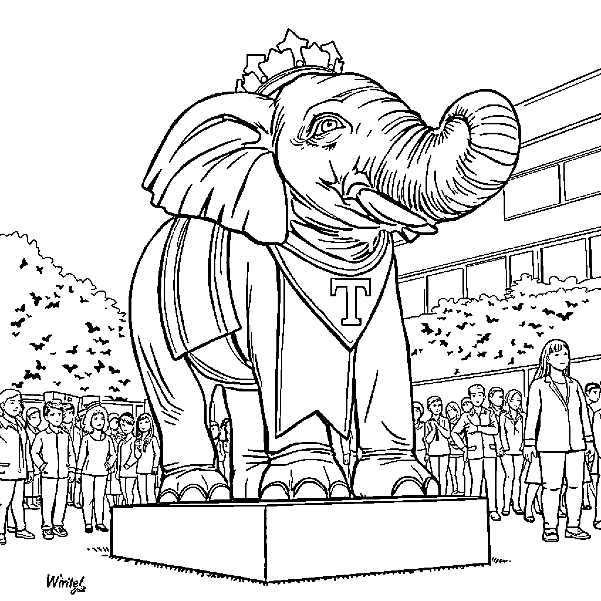 Elephant mascot leading a crowd at a sporting event Coloring Page (free black-and-white line drawing printable PDF for all, from beginners to advanced learners, including children, teens, adults, and seniors)
