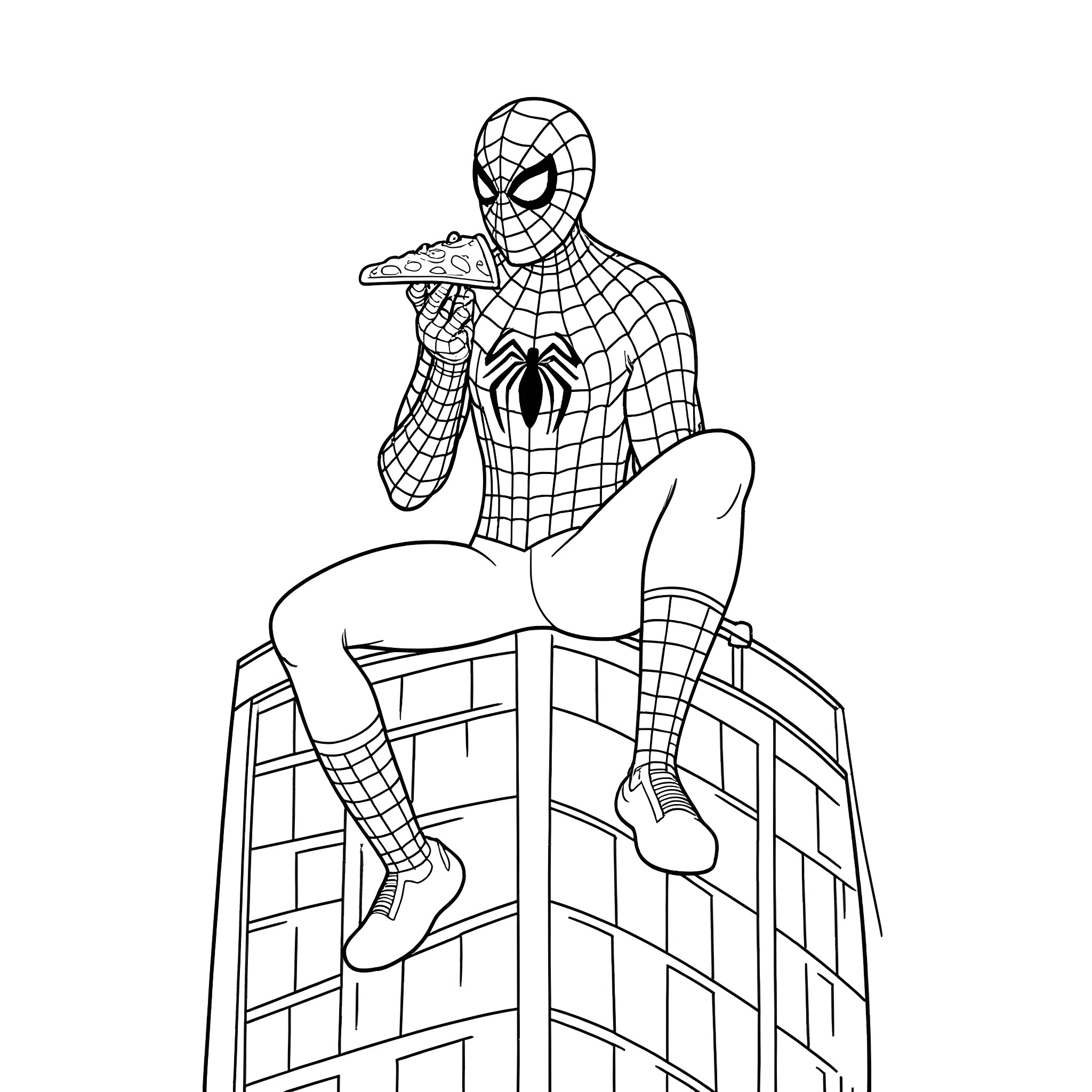 Spiderman swinging and posing on a building Coloring Page (free black-and-white line drawing printable PDF for all, from beginners to advanced learners, including children, teens, adults, and seniors)