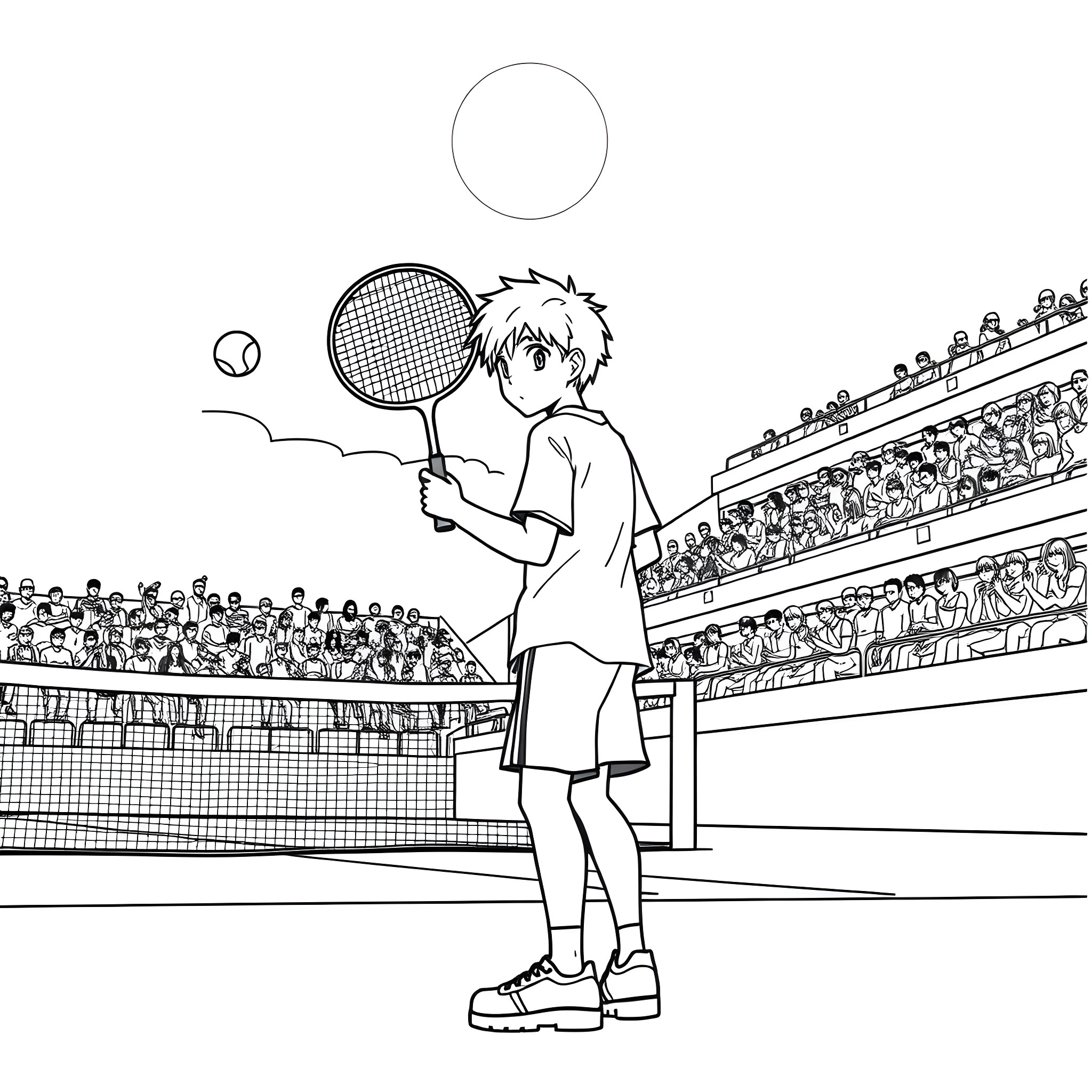 Kirito playing tennis in a stadium Coloring Page (free black-and-white line drawing printable PDF for all, from beginners to advanced learners, including children, teens, adults, and seniors)