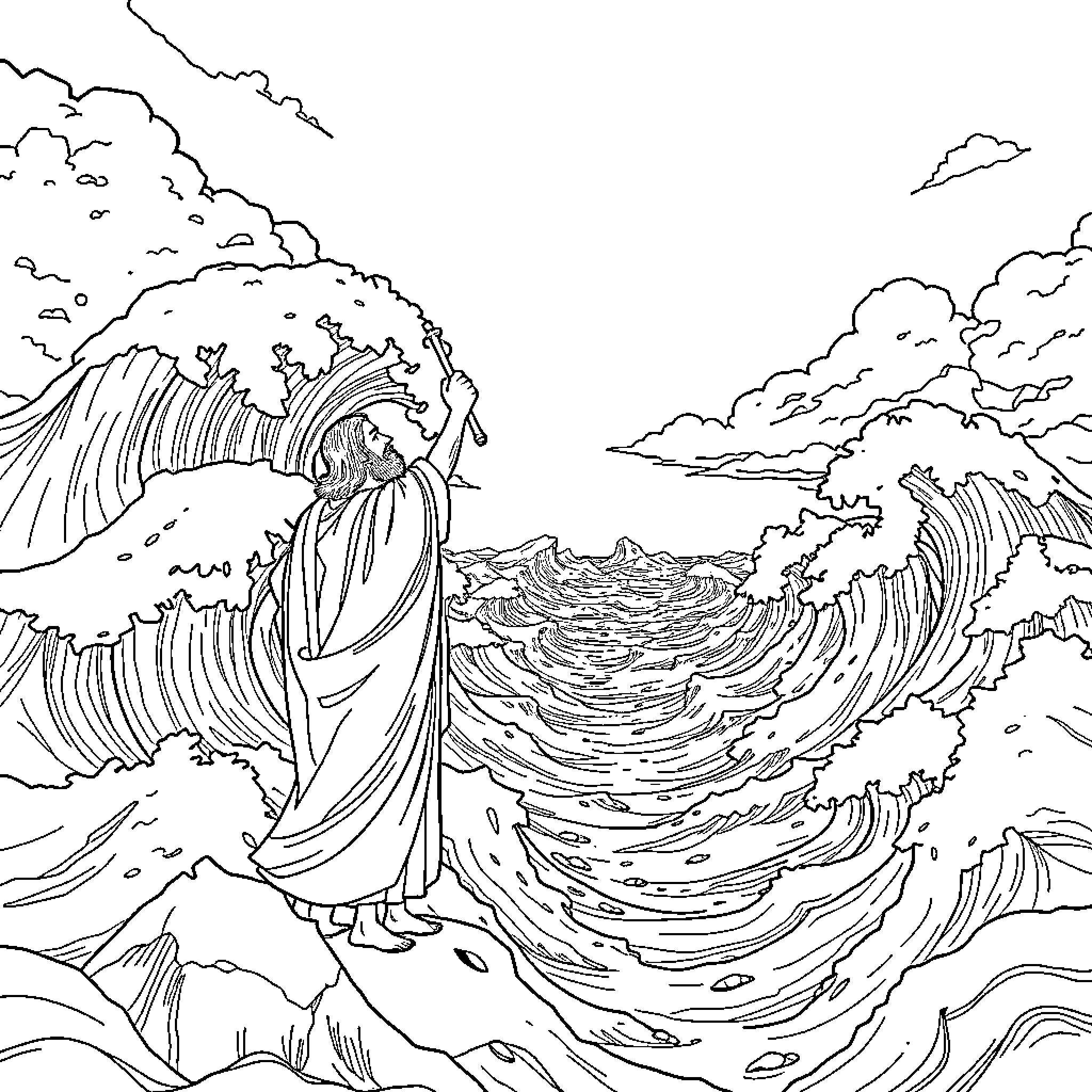 Moses parting the Red Sea in dramatic scene Coloring Page (free black-and-white line drawing printable PDF for all, from beginners to advanced learners, including children, teens, adults, and seniors)
