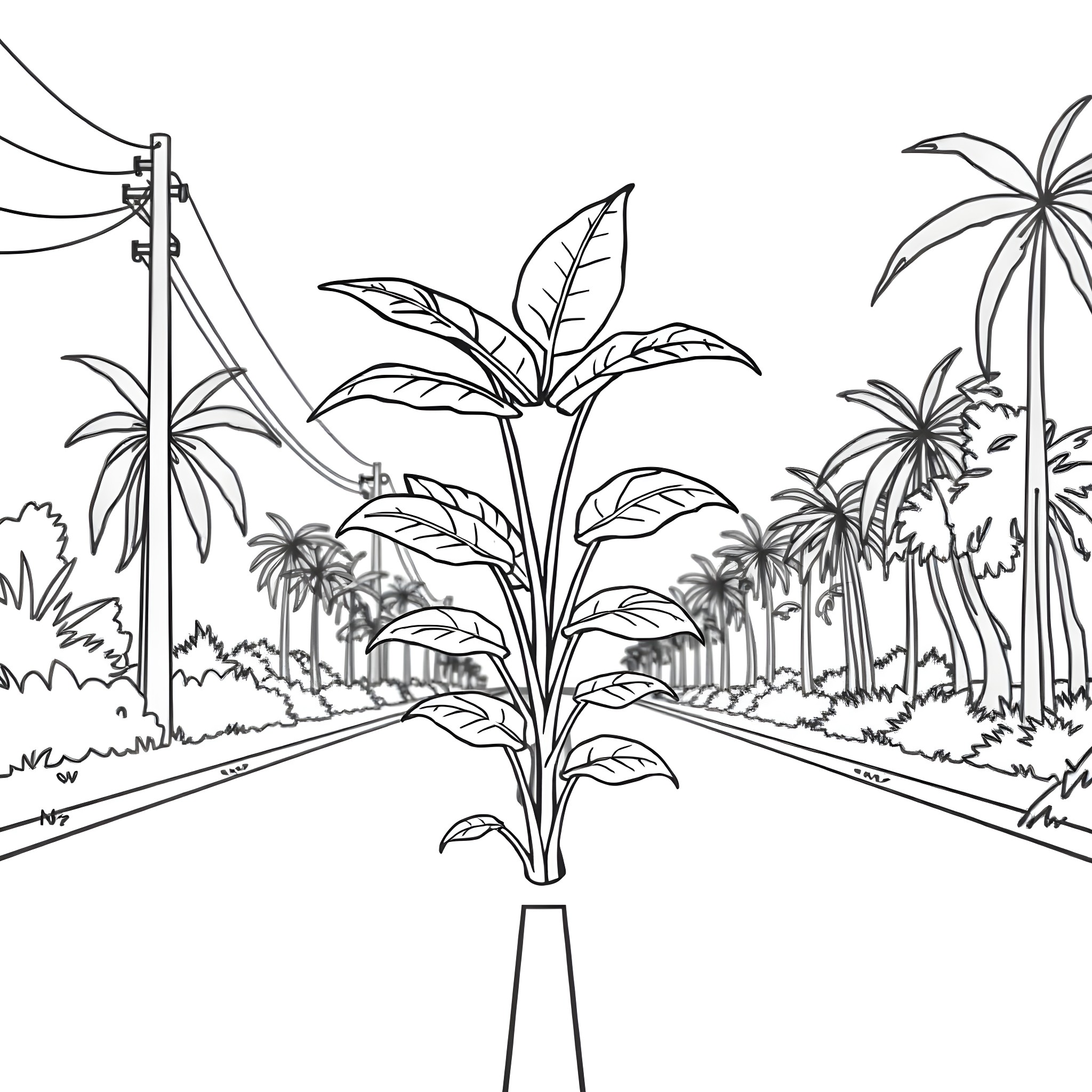 Monstera plant in tropical landscape Coloring Page (free black-and-white line drawing printable PDF for all, from beginners to advanced learners, including children, teens, adults, and seniors)