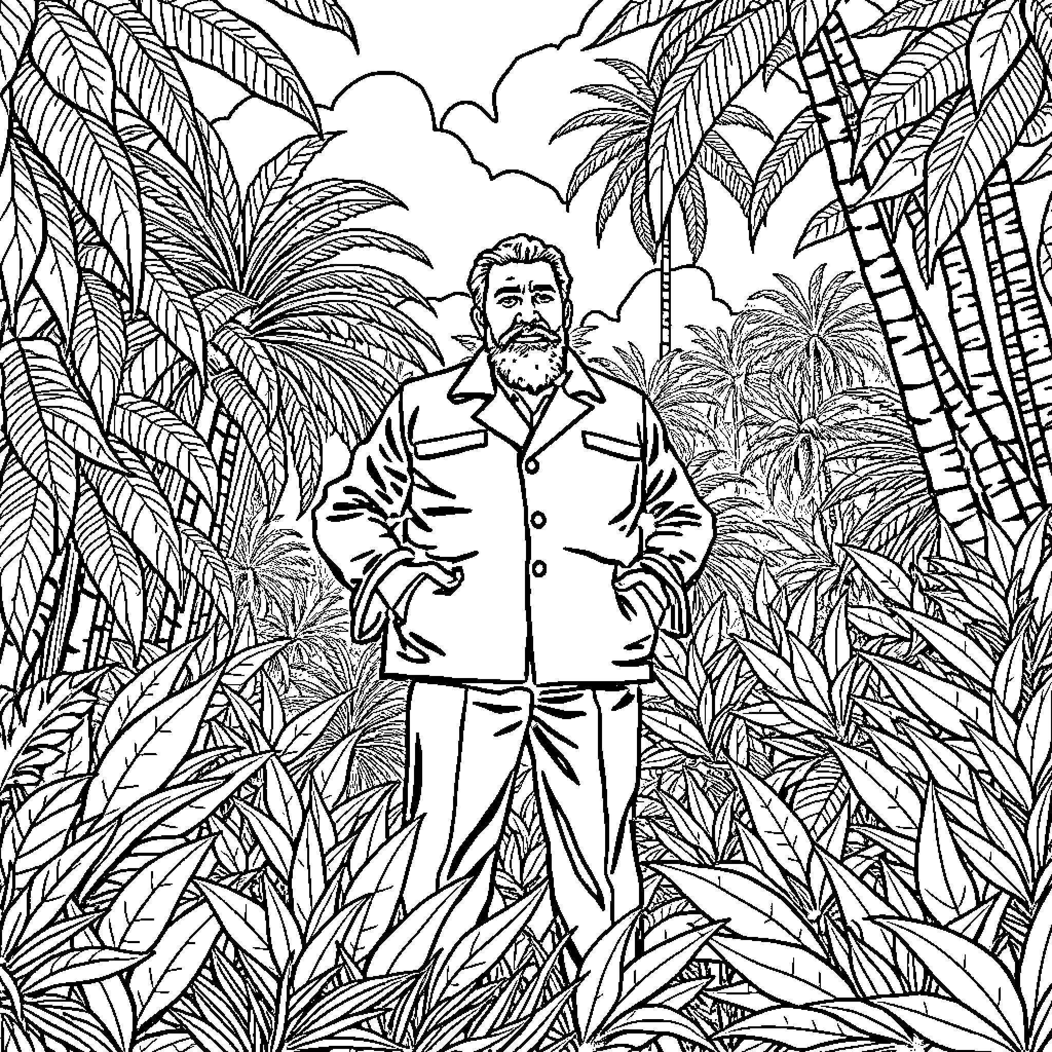 Fidel Castro amidst tropical foliage Coloring Page (free black-and-white line drawing printable PDF for all, from beginners to advanced learners, including children, teens, adults, and seniors)