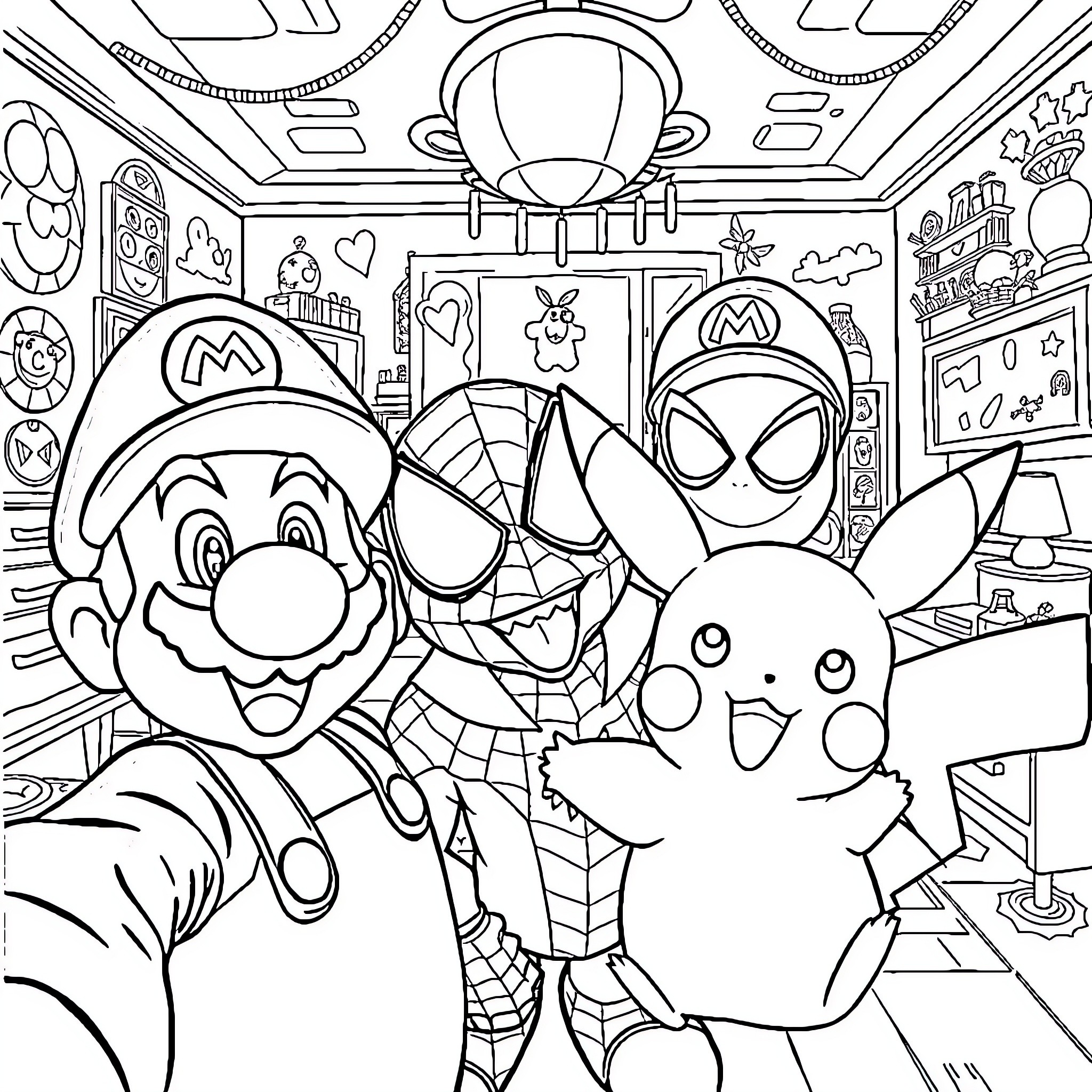 Mario and his friends in a colorful, geeky gaming room Coloring Page (free black-and-white line drawing printable PDF for all, from beginners to advanced learners, including children, teens, adults, and seniors)