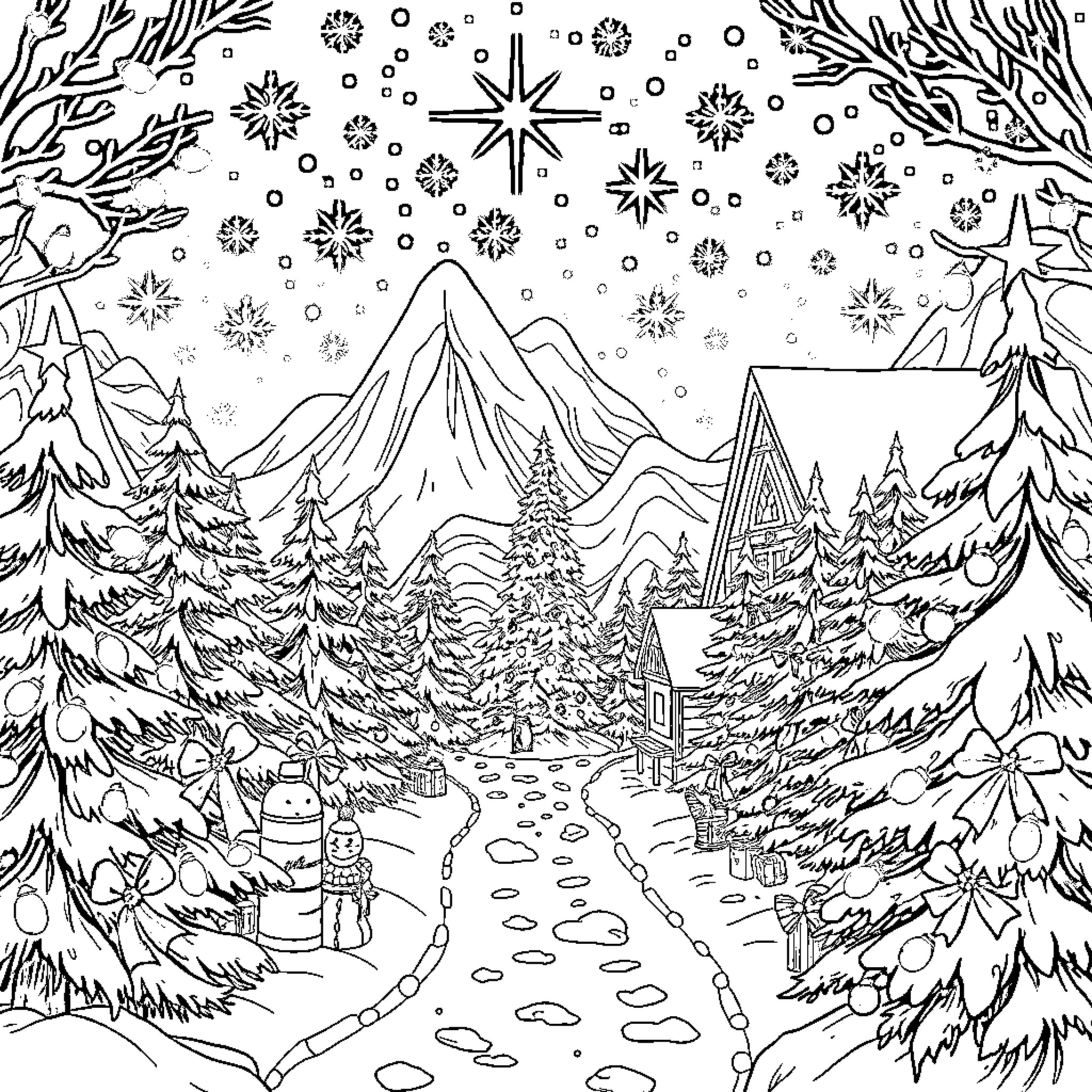 Christmas Wonderland in the Snow-Covered Mountains Coloring Page (free black-and-white line drawing printable PDF for all, from beginners to advanced learners, including children, teens, adults, and seniors)