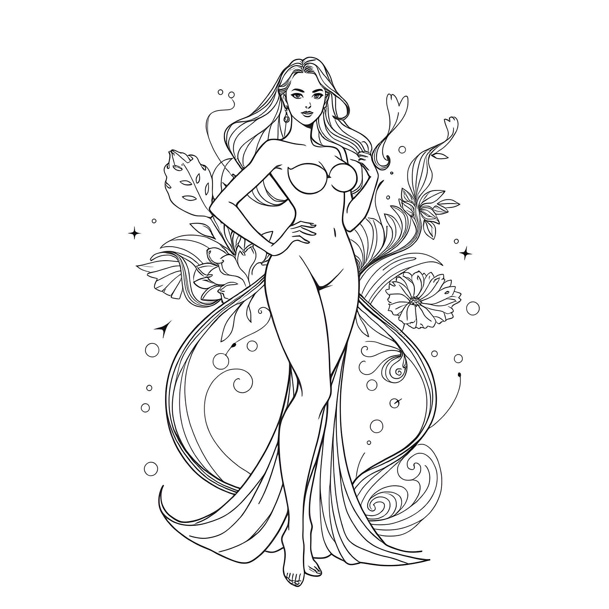 Transgender mermaid-inspired figure in flowing attire Coloring Page (free black-and-white line drawing printable PDF for all, from beginners to advanced learners, including children, teens, adults, and seniors)