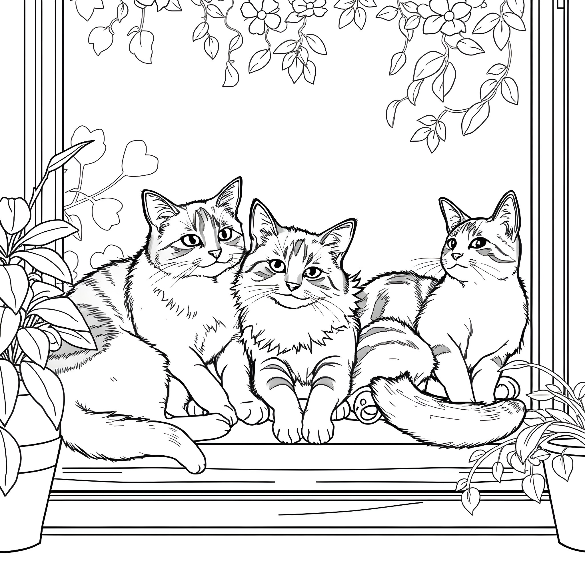 Calico Cats Enjoying the Flowers Coloring Page (free black-and-white line drawing printable PDF for all, from beginners to advanced learners, including children, teens, adults, and seniors)