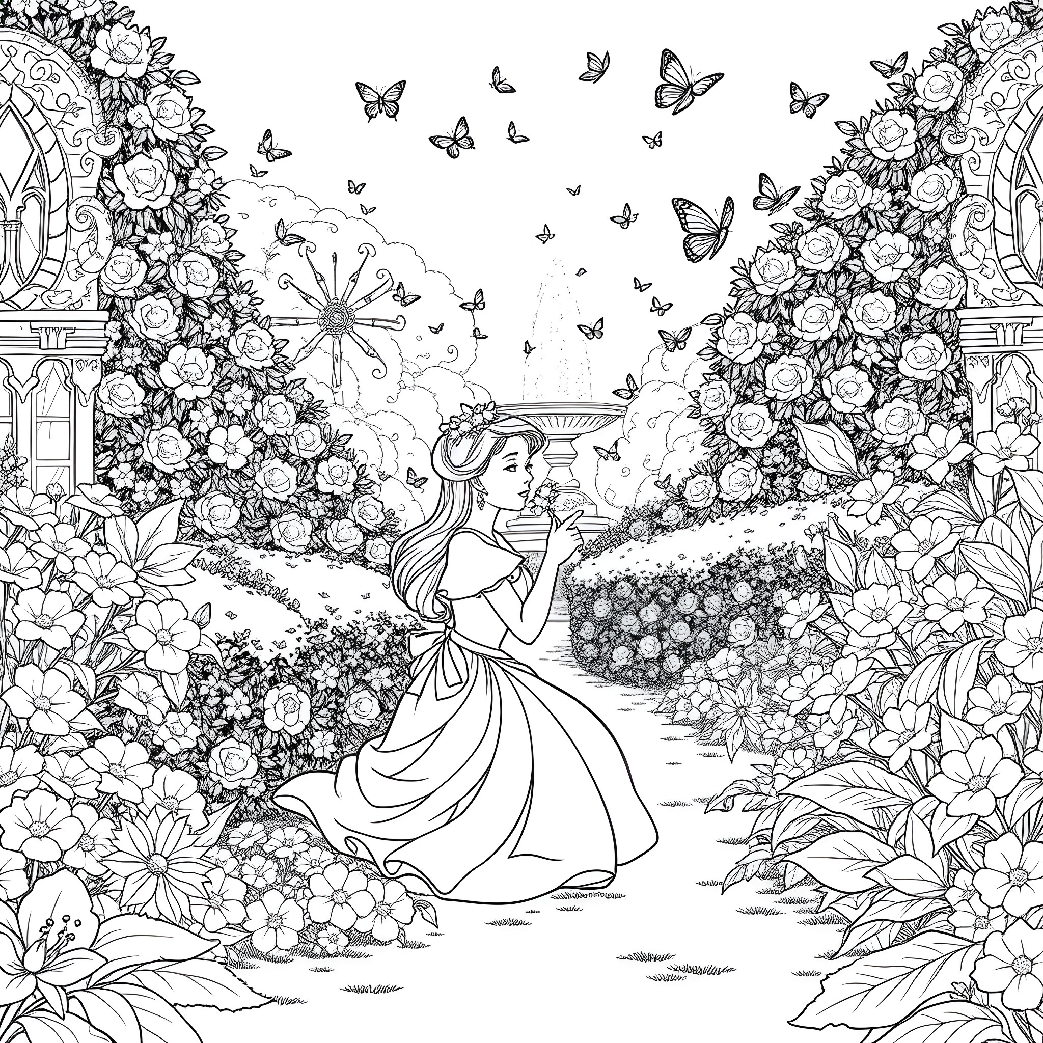 Princess in a Magical Floral Garden Coloring Page (free black-and-white line drawing printable PDF for all, from beginners to advanced learners, including children, teens, adults, and seniors)