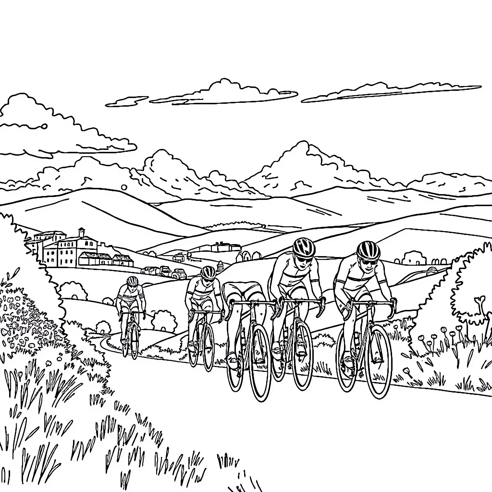Bicycle riders in a scenic countryside landscape Coloring Page (free black-and-white line drawing printable PDF for all, from beginners to advanced learners, including children, teens, adults, and seniors)