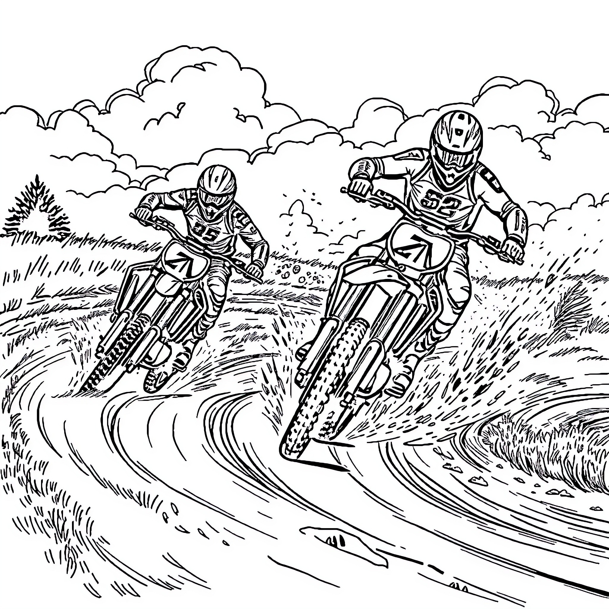 Motorcycle Racers Speeding Through Rugged Terrain Coloring Page (free black-and-white line drawing printable PDF for all, from beginners to advanced learners, including children, teens, adults, and seniors)
