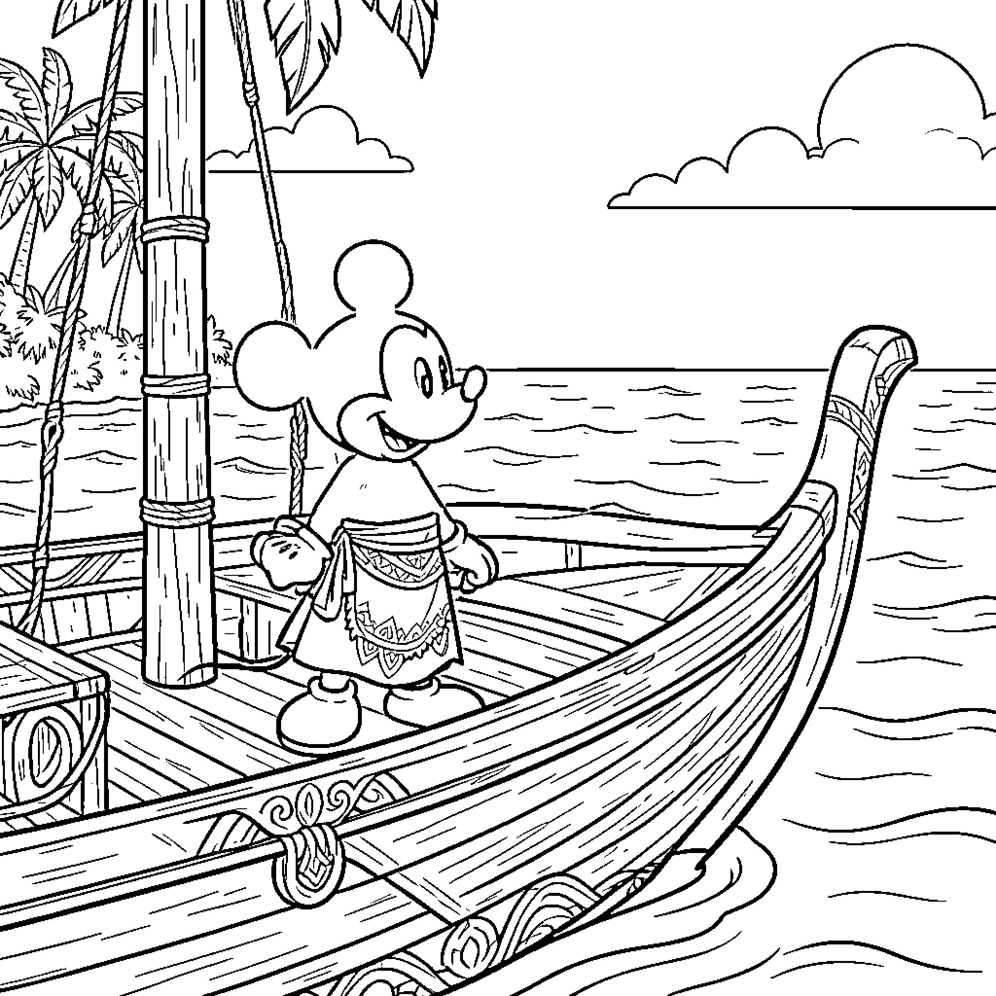 Mickey standing on a boat in the ocean Coloring Page (free black-and-white line drawing printable PDF for all, from beginners to advanced learners, including children, teens, adults, and seniors)