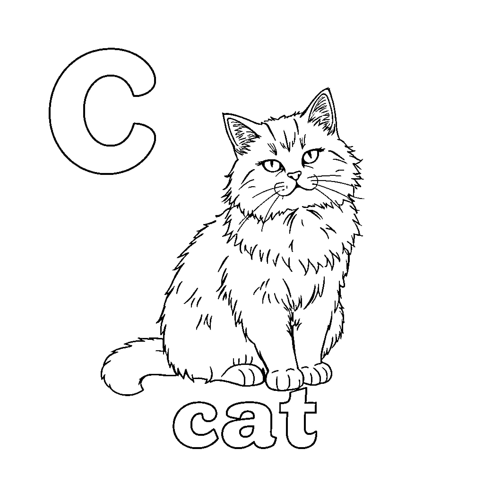 Cat alphabet illustration Coloring Page (free black-and-white line drawing printable PDF for all, from beginners to advanced learners, including children, teens, adults, and seniors)