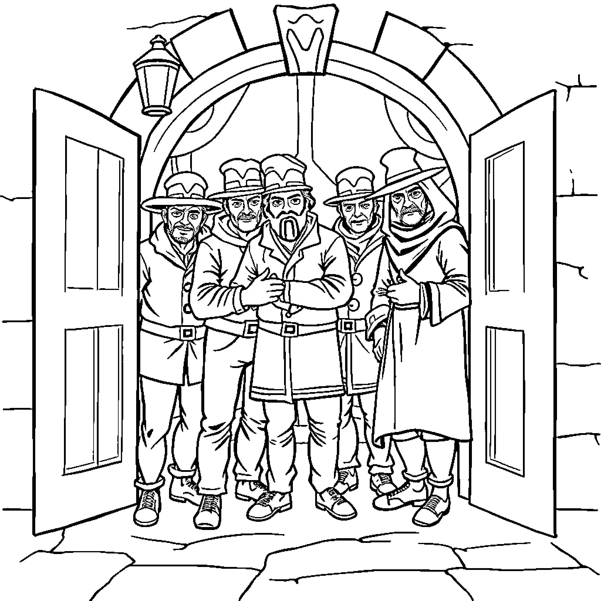 Avenger Soldiers Standing in Doorway Coloring Page (free black-and-white line drawing printable PDF for all, from beginners to advanced learners, including children, teens, adults, and seniors)