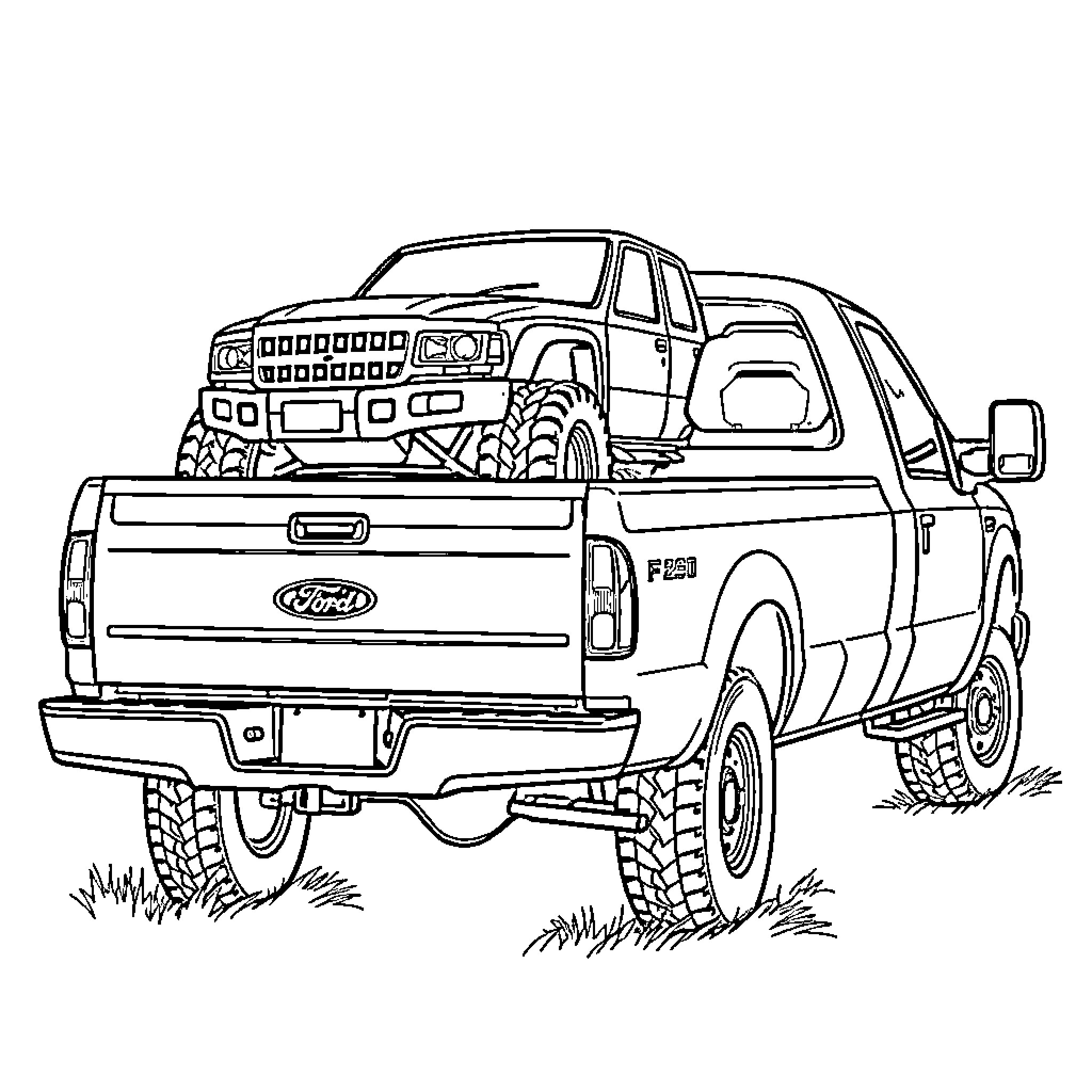 Ford F-250 off-road pickup truck illustration Coloring Page (free black-and-white line drawing printable PDF for all, from beginners to advanced learners, including children, teens, adults, and seniors)
