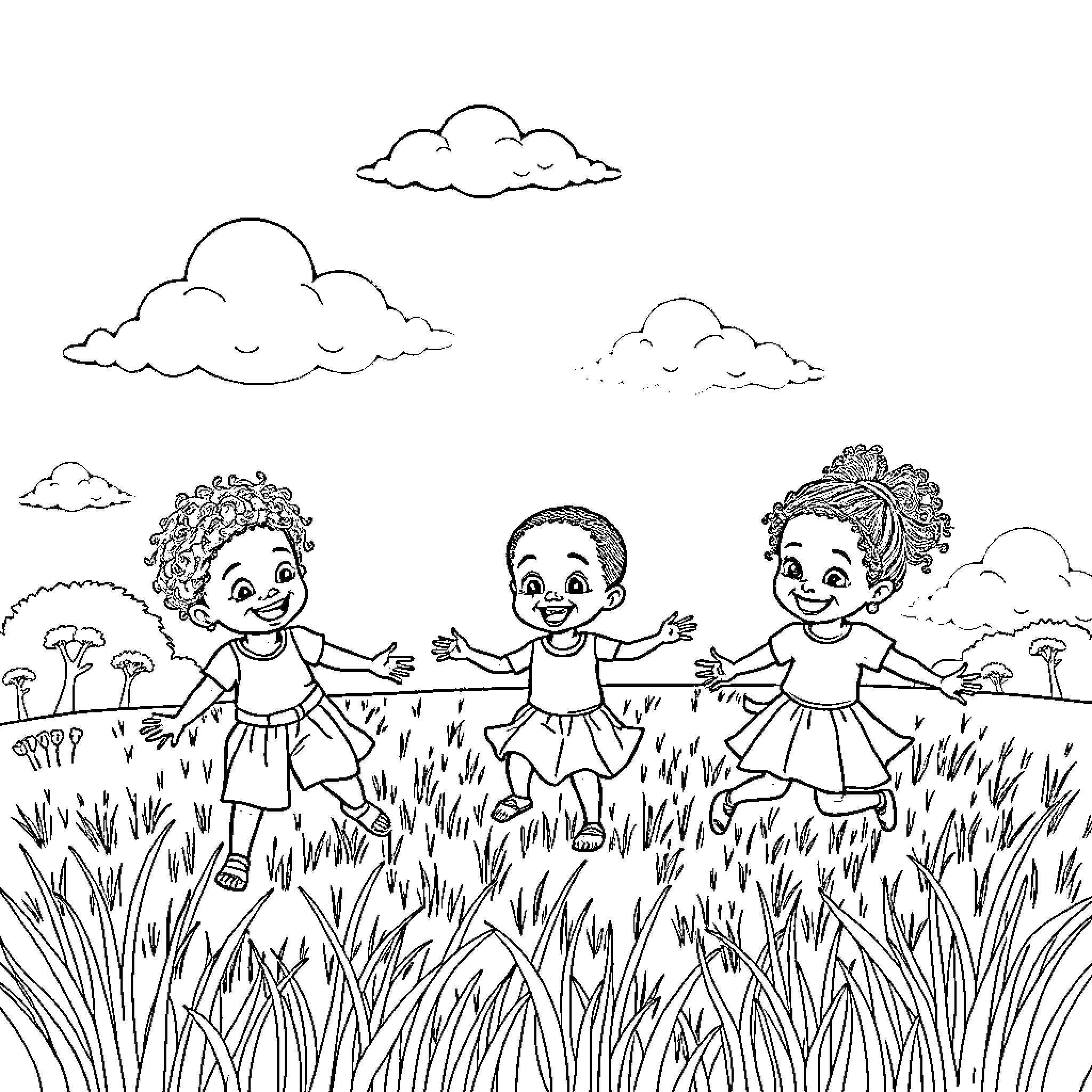 Children playing joyfully in a grassy field Coloring Page (free black-and-white line drawing printable PDF for all, from beginners to advanced learners, including children, teens, adults, and seniors)