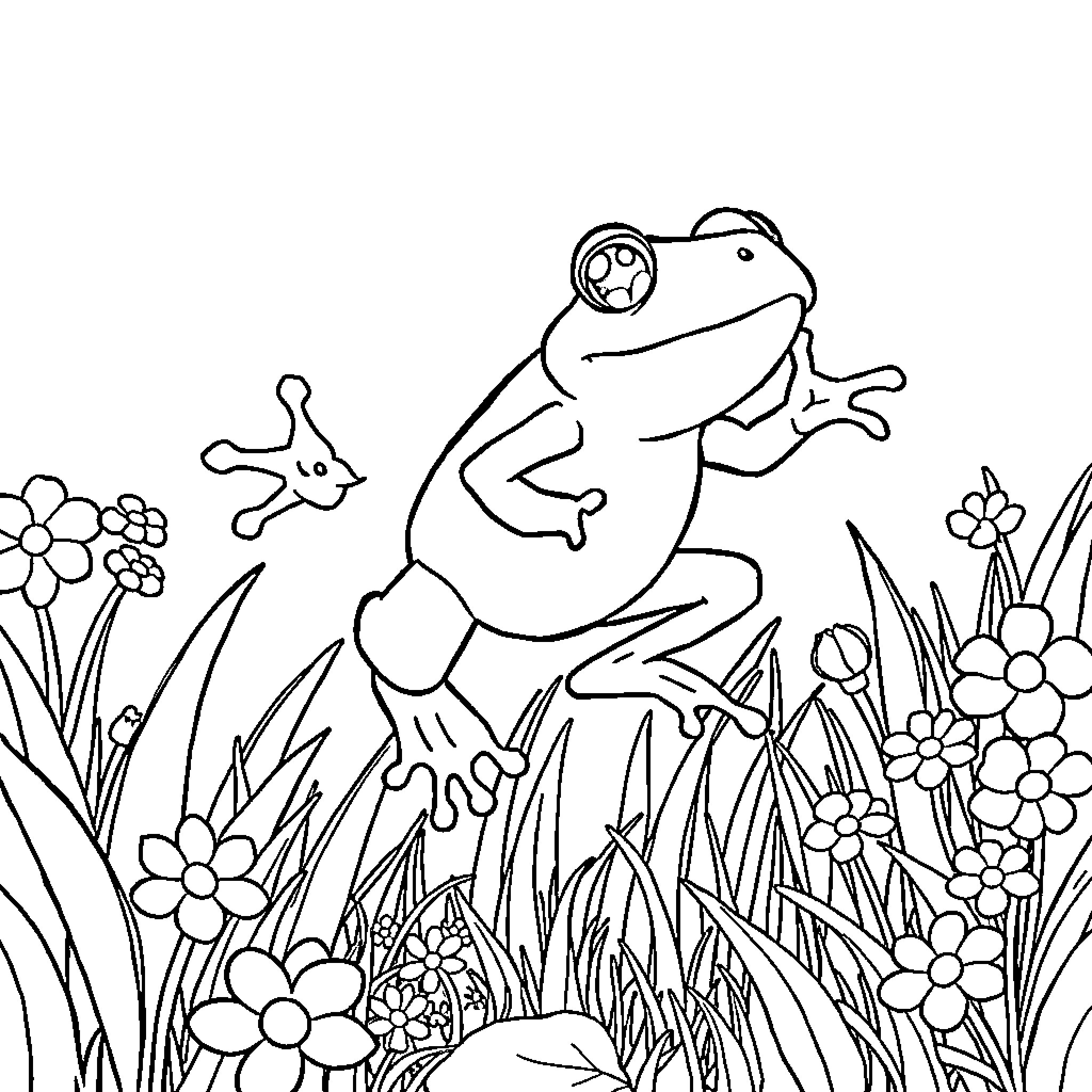Frog leaping among flowers in nature Coloring Page (free black-and-white line drawing printable PDF for all, from beginners to advanced learners, including children, teens, adults, and seniors)
