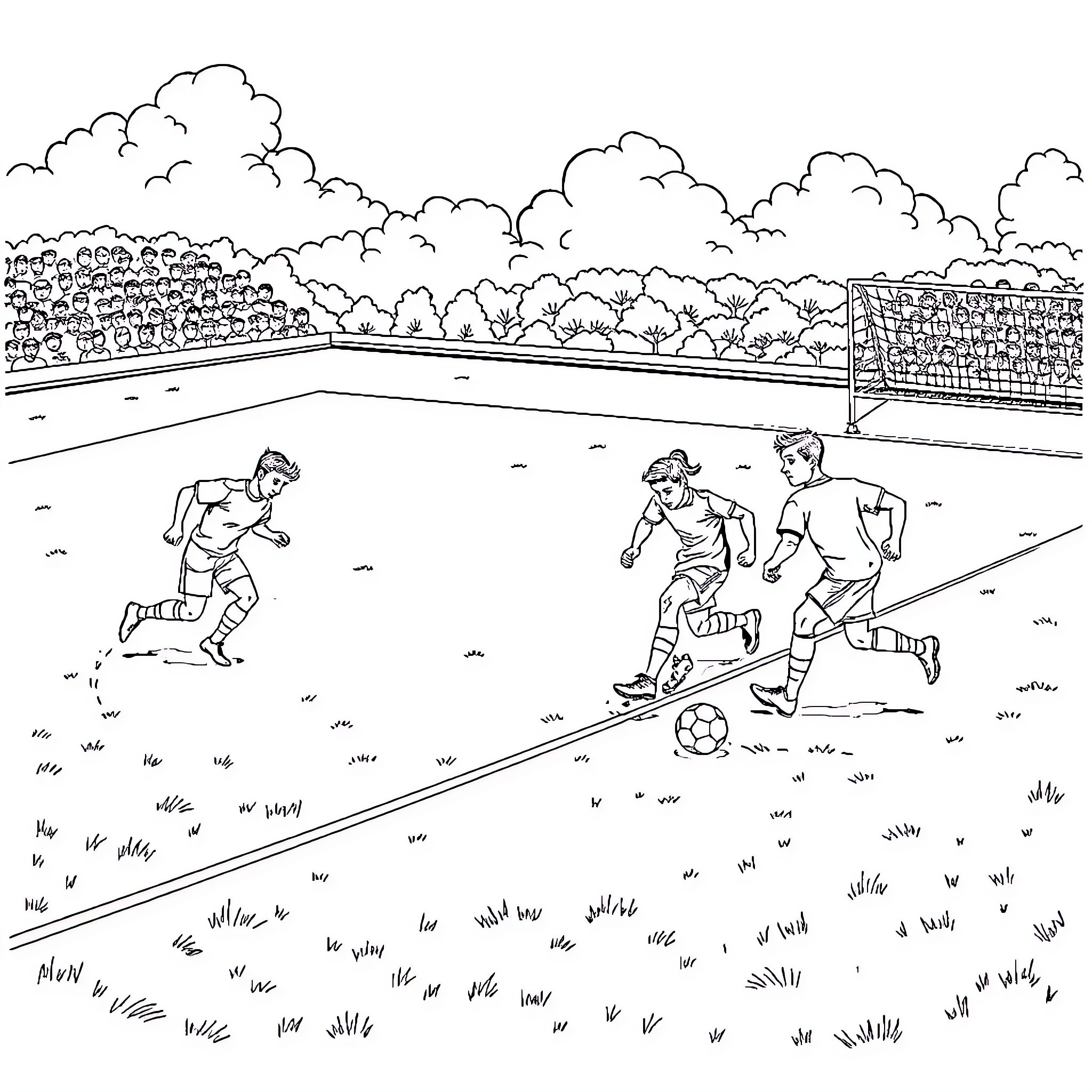 Soccer players in action on the field Coloring Page (free black-and-white line drawing printable PDF for all, from beginners to advanced learners, including children, teens, adults, and seniors)