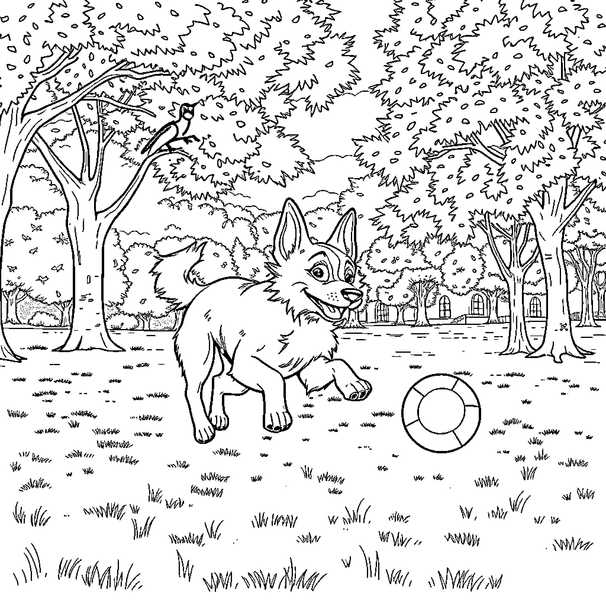 Paw Patrol Characters Enjoying Outdoor Adventure Coloring Page (free black-and-white line drawing printable PDF for all, from beginners to advanced learners, including children, teens, adults, and seniors)