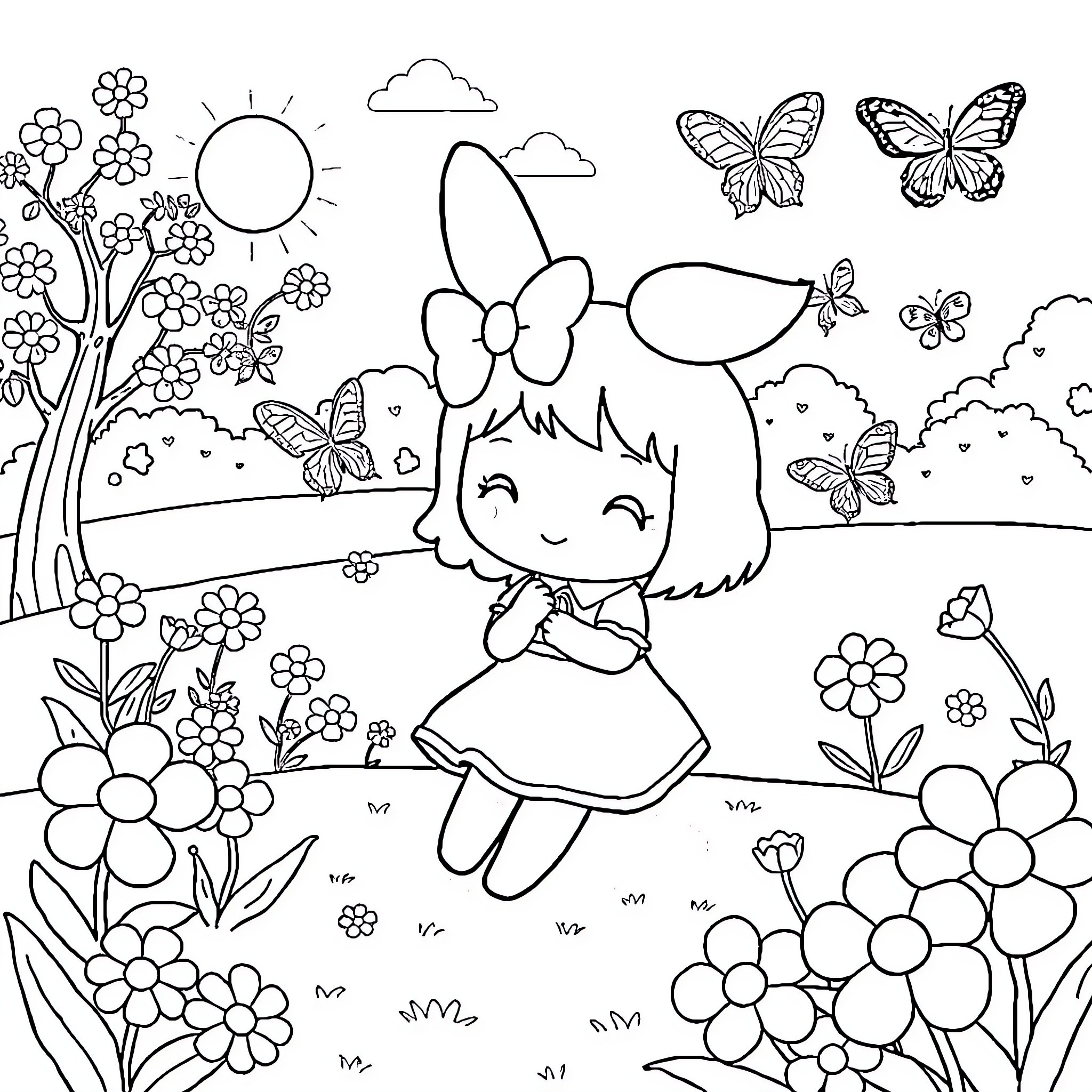 My Melody Playing in a Floral Meadow Coloring Page (free black-and-white line drawing printable PDF for all, from beginners to advanced learners, including children, teens, adults, and seniors)
