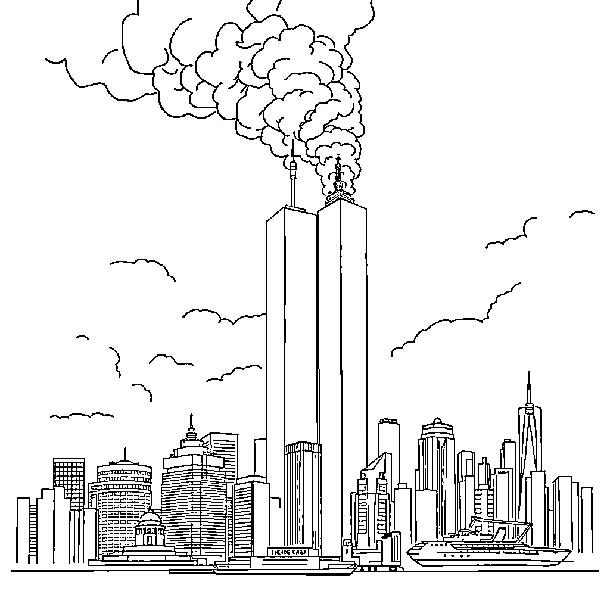 9/11 Twin Towers Attacked in NYC Skyline Coloring Page (free black-and-white line drawing printable PDF for all, from beginners to advanced learners, including children, teens, adults, and seniors)