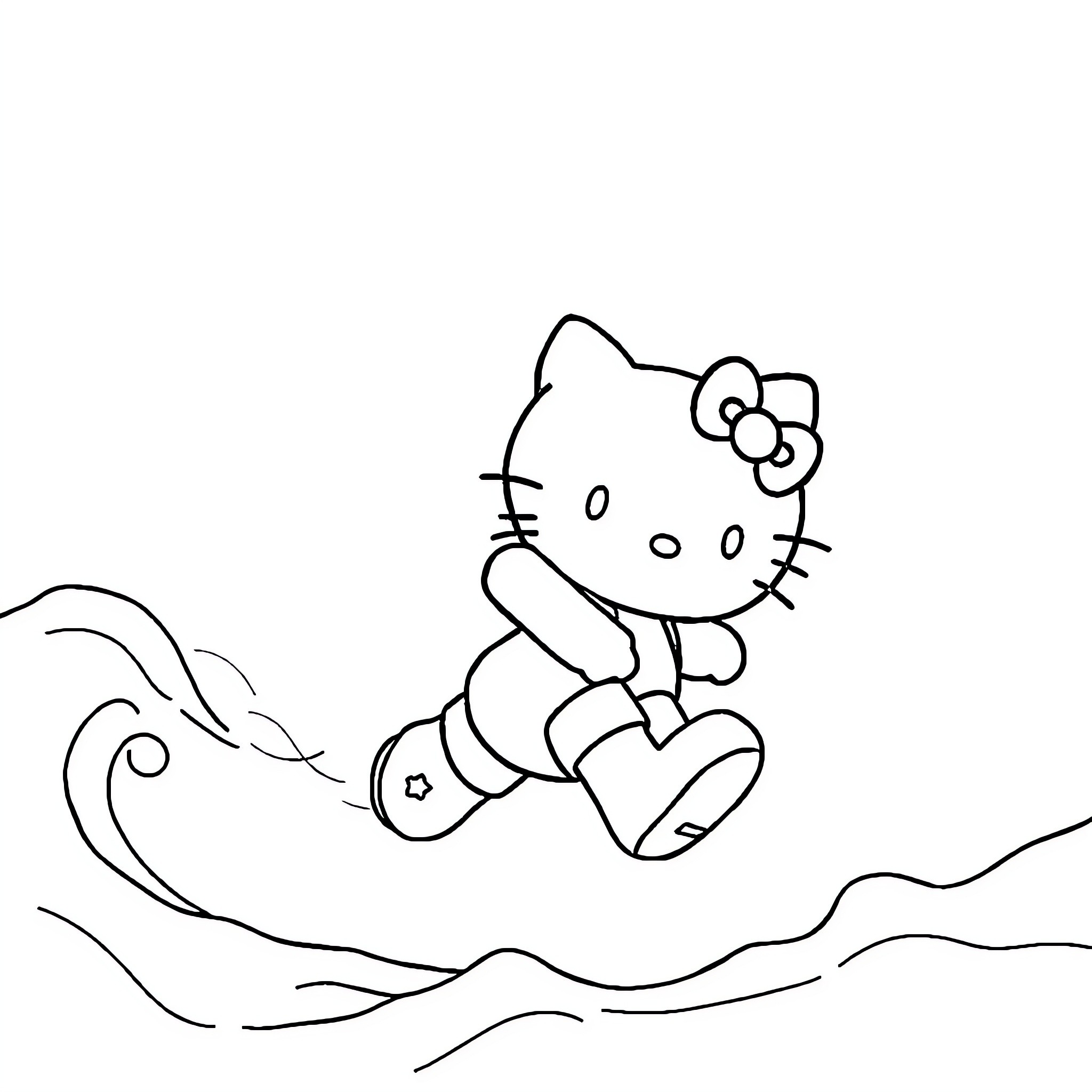 Hello Kitty playing in the waves Coloring Page (free black-and-white line drawing printable PDF for all, from beginners to advanced learners, including children, teens, adults, and seniors)